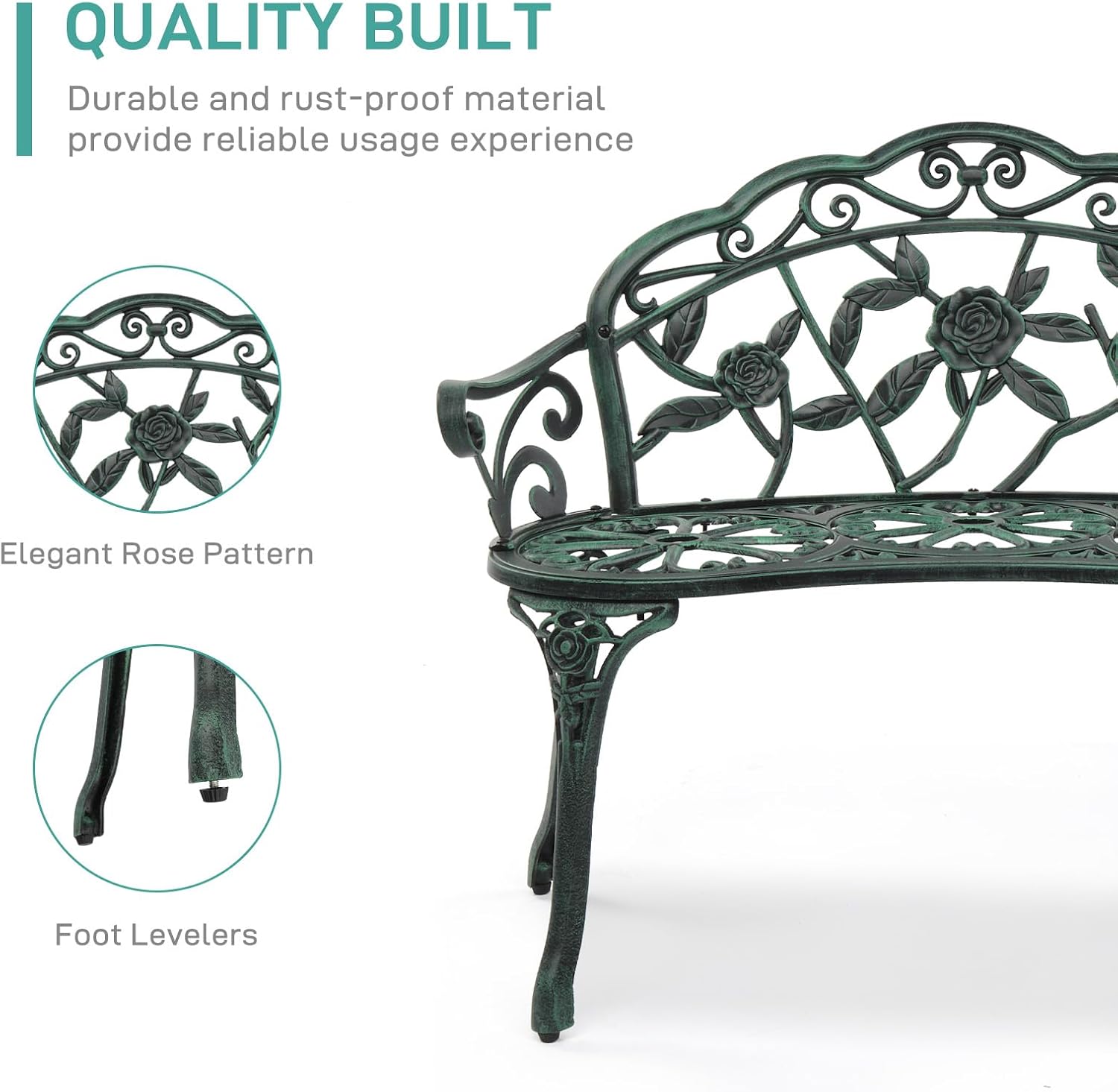 VINGLI 38.5" Patio Park Garden Outdoor Metal Rose Bench, 2-Person Cast Iron Cast Aluminium Frame Antique Finish Chair,Accented Lawn Front Porch Path Yard Decor Deck Furniture (Bronze, Rose)