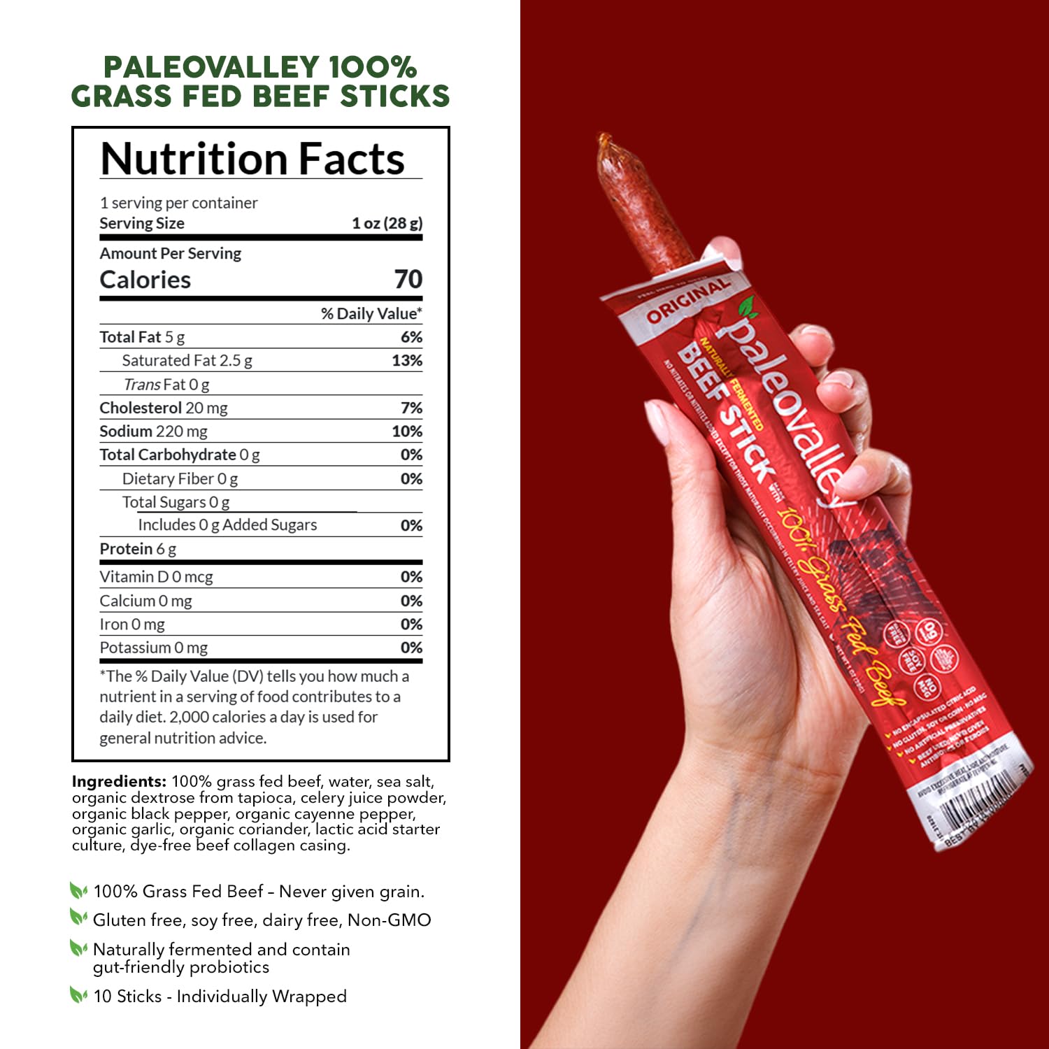 Paleovalley 100% Grass Fed Beef Sticks, Protein Snacks, Original | 10 Count, Individually Wrapped, Naturally Fermented, Gluten Free, Keto and Paleo, Made With Simple Ingredients, 6g Protein