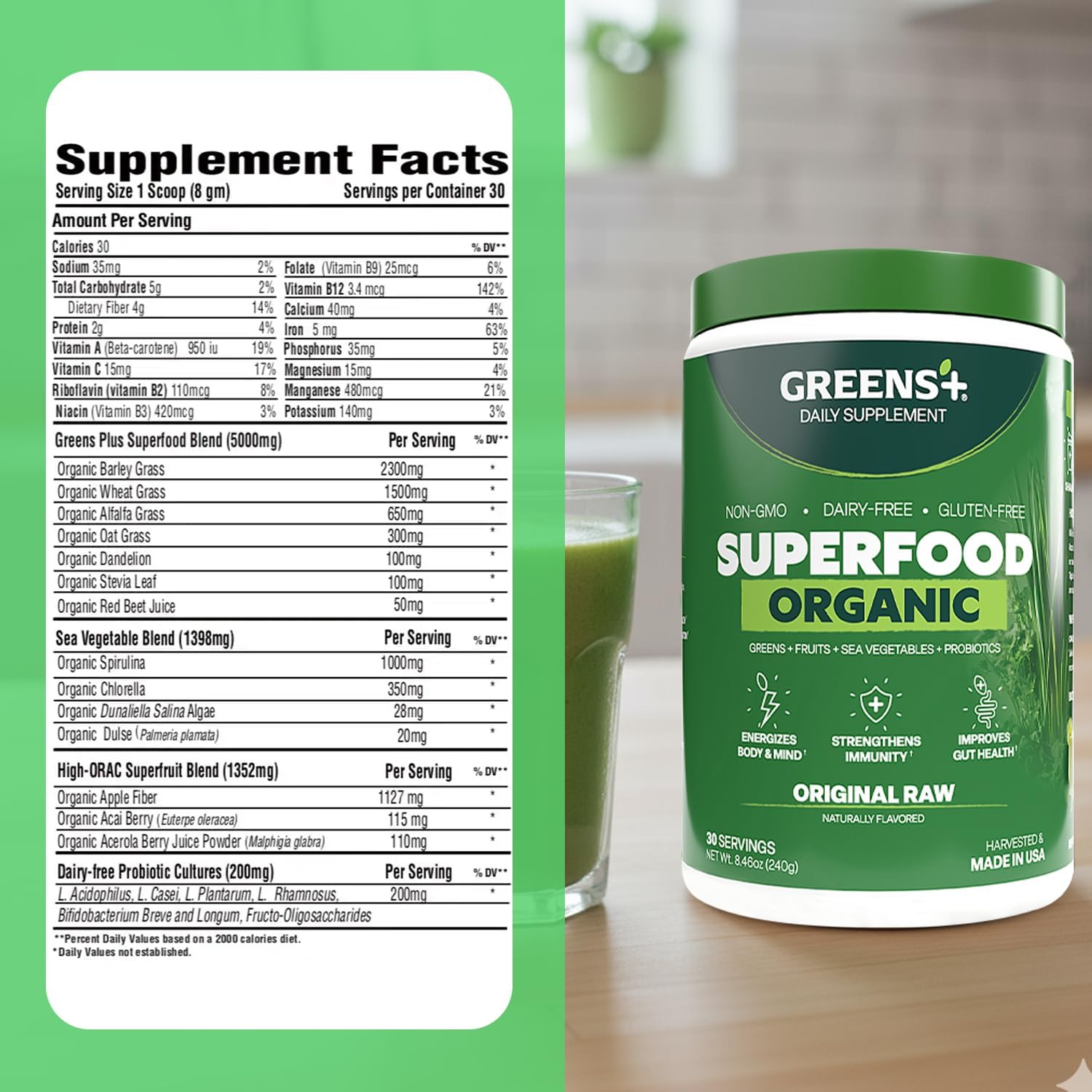 Greens+ Organic RAW Superfood Powder, Dietary Supplement | 8.46oz | Energy Boost | Super Blend Immune Support, Morning Kick, Nutrition Vibrant Health, Vegan, Soy Free | Dairy Free | Gluten Free