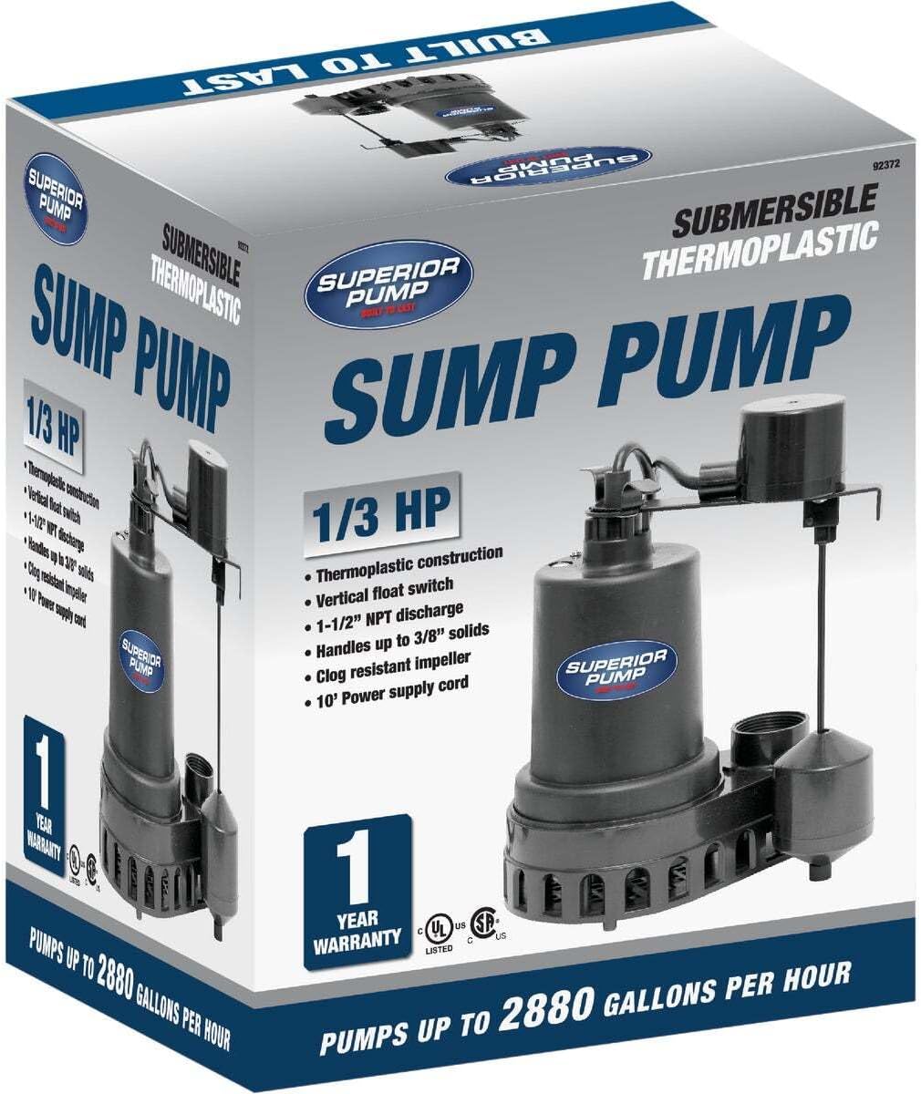 Superior Pump 92260 1/4 HP Thermoplastic Sump Pump with Vertical Float Switch, Black