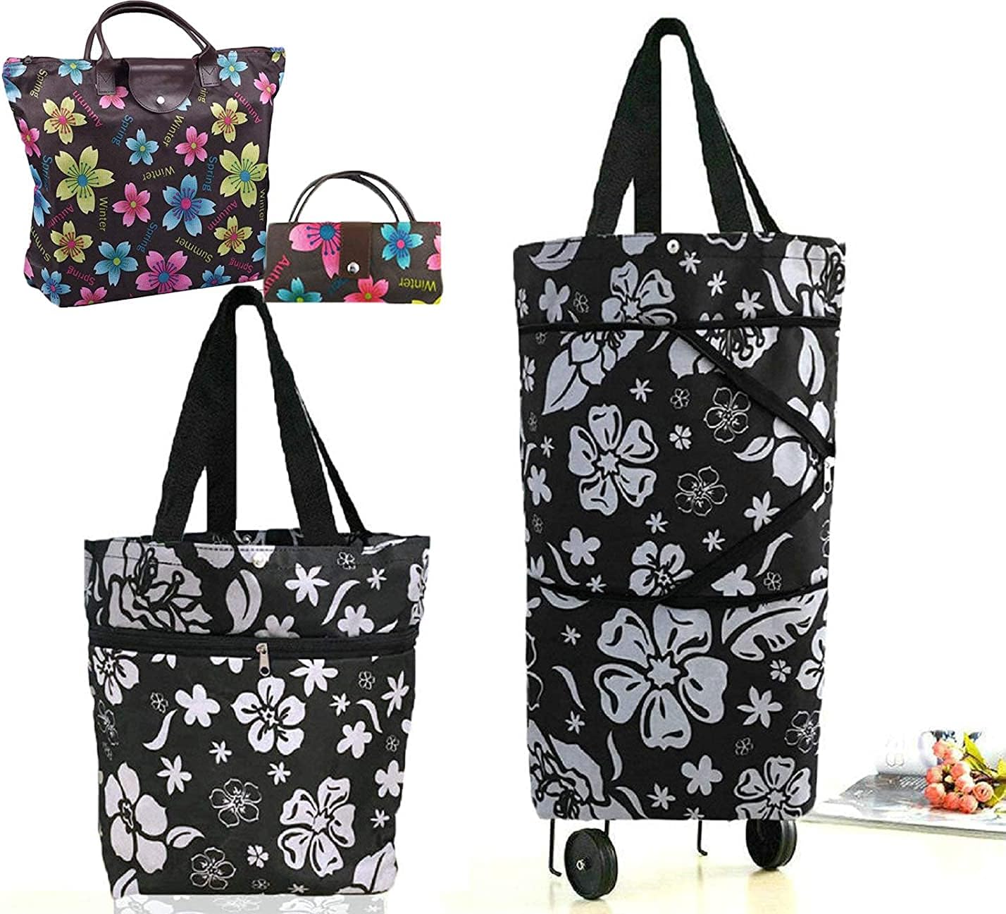 Collapsible Shopping Bag with Wheels Portable Shopping Cart with 360° Swivel Wheels Rolling Tote Bag Reusable Grocery Bag Trolley Bag on Wheels for Travel Shopping and Daily Use(Blue)