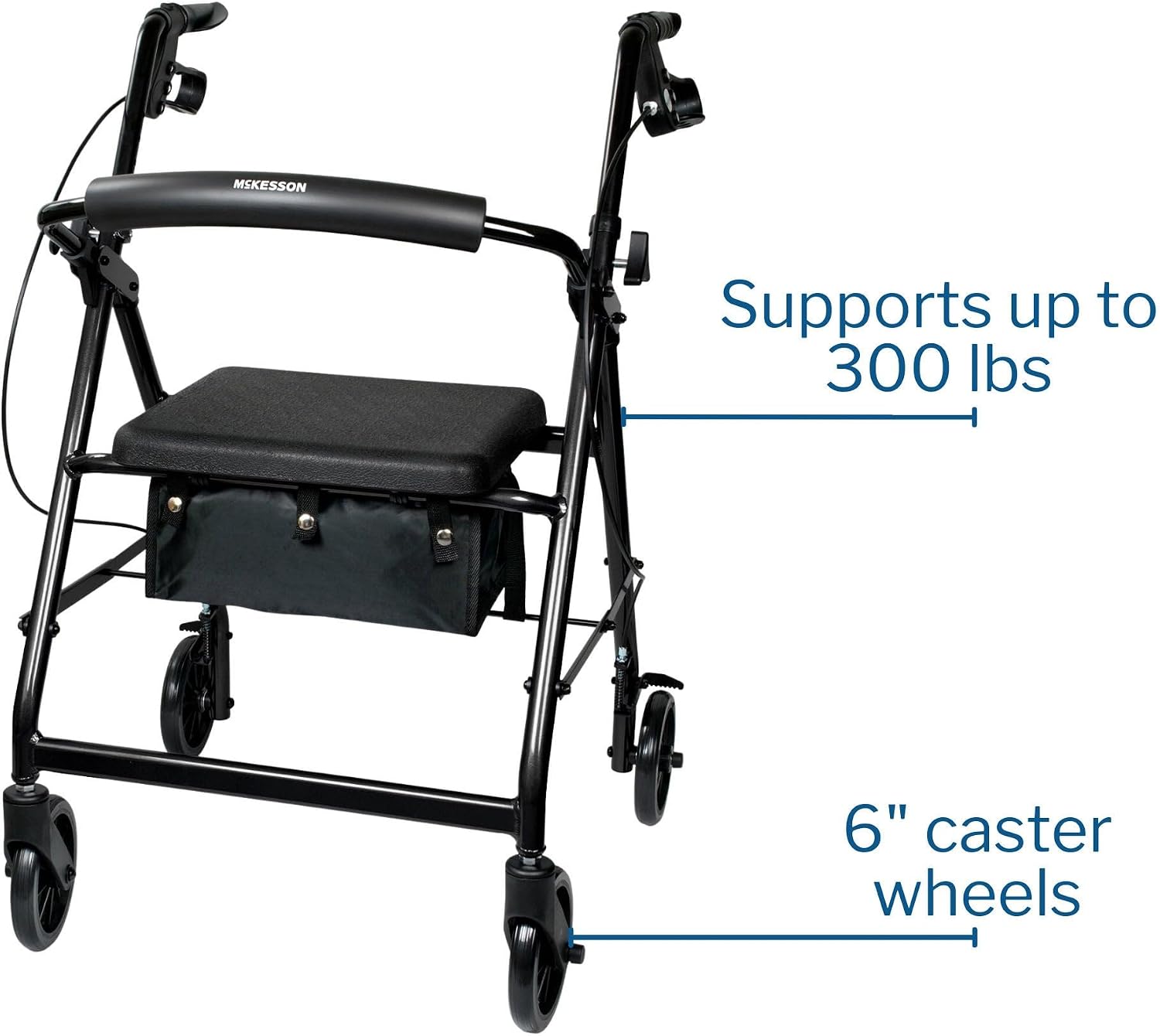 McKesson Rollator Walker with Seat and Wheels, Black, 1 ct