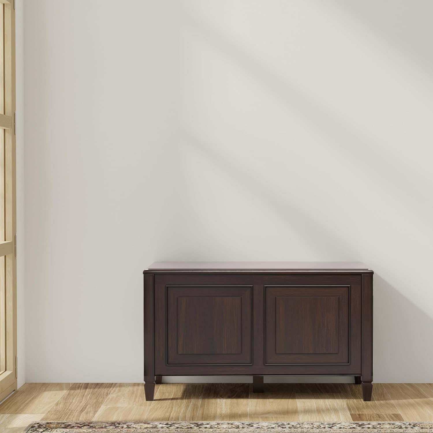 SIMPLIHOME Harvey 47" Wide Solid Mango Wood Bench in Natural | Traditional entryway bench in dark chestnut brown with a lift-up lid and 3 hidden compartments; shoe or hallway bench.