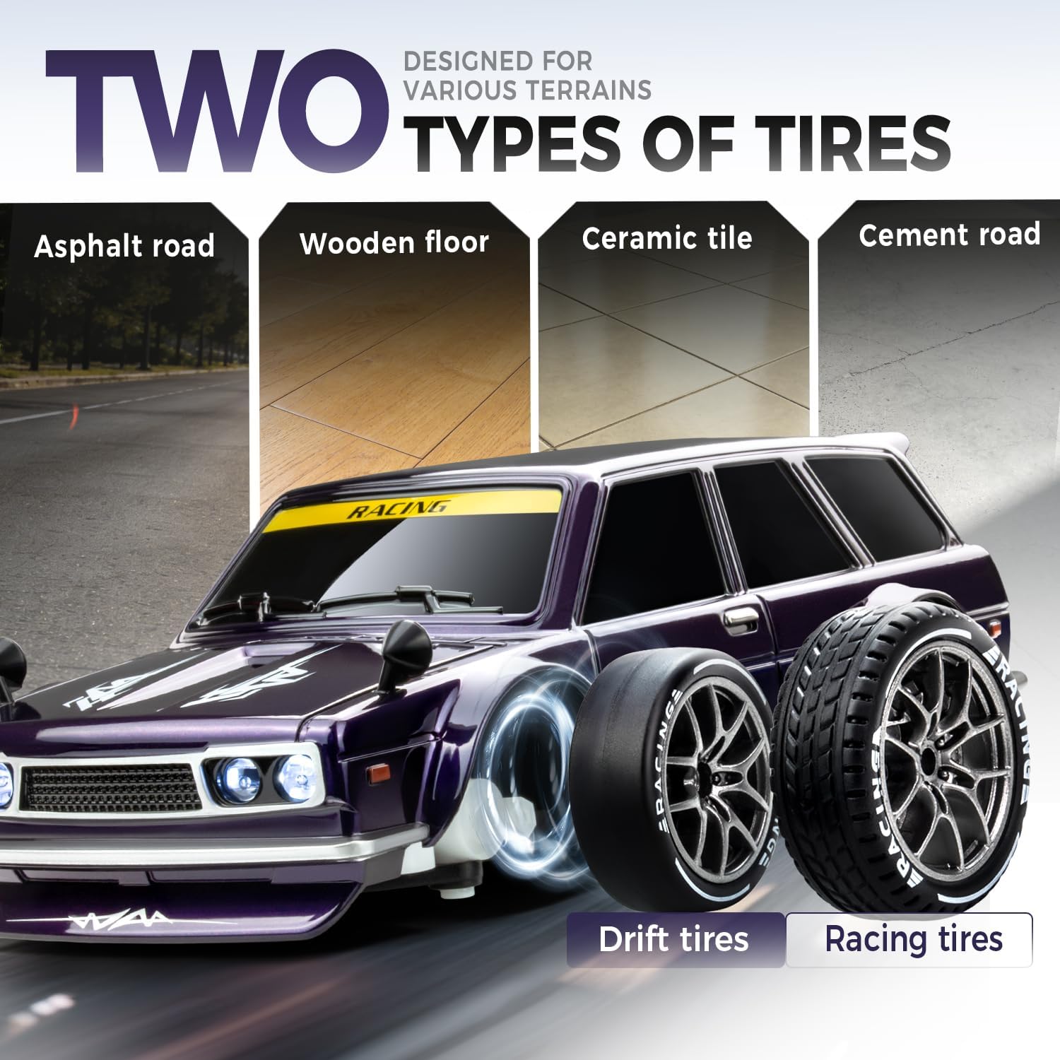 RC Drift Car Purple Racing Livery 1/24 Remote Control Car for Adult | 20KM/H 4WD Low/High Speed RC Cars with LED Lights, Extra Drifting Tires, Vehicle for Kids Boys Girls Beginners Indoor Outdoor