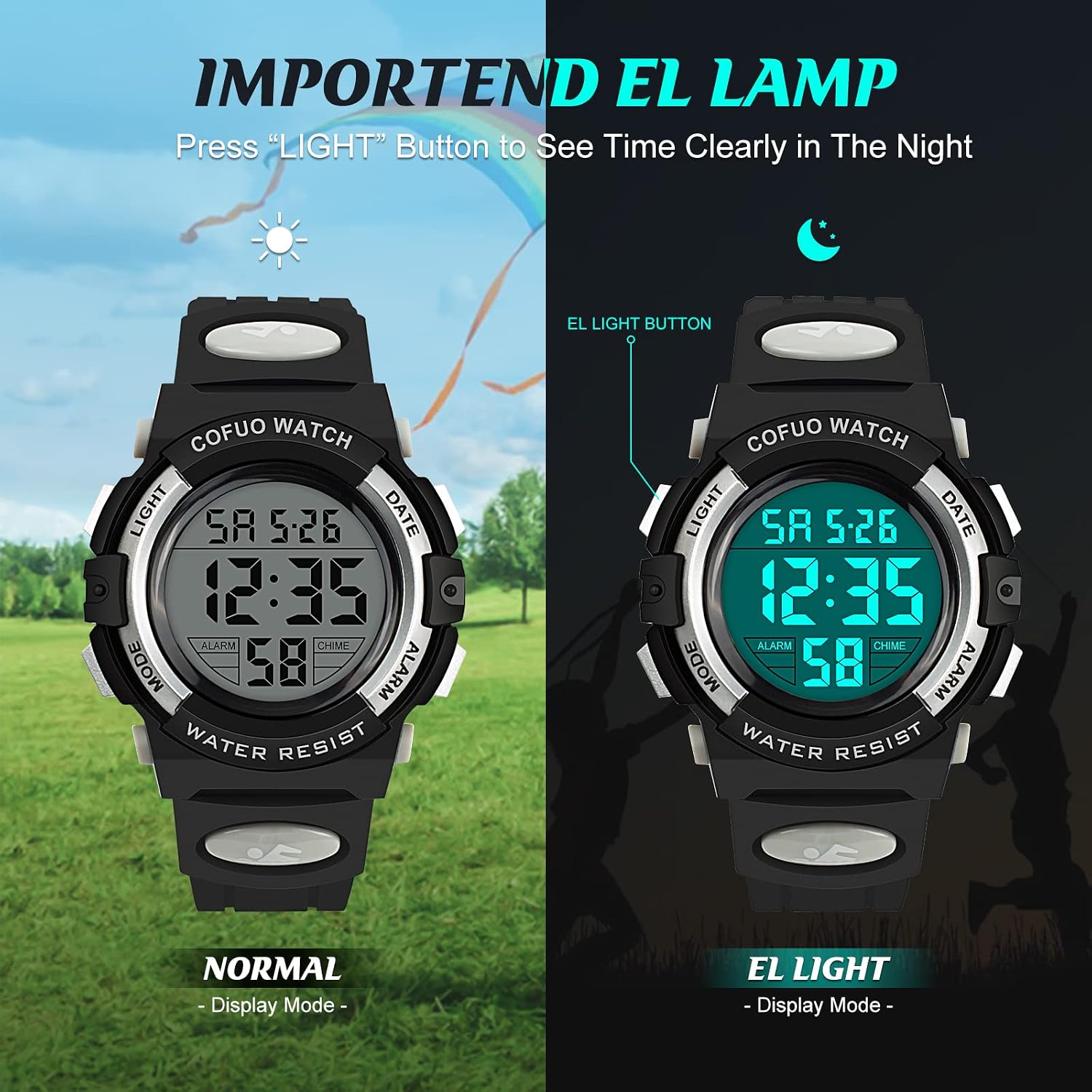 cofuo Kids Digital Watch for Boys Girls, Boys Watches Ages 3-17,Sport Outdoor Watch for Kid, 50M Waterproof Analog Multifunctional Chronograph LED Alarm Stopwatch Silicone Band, Kids Gift
