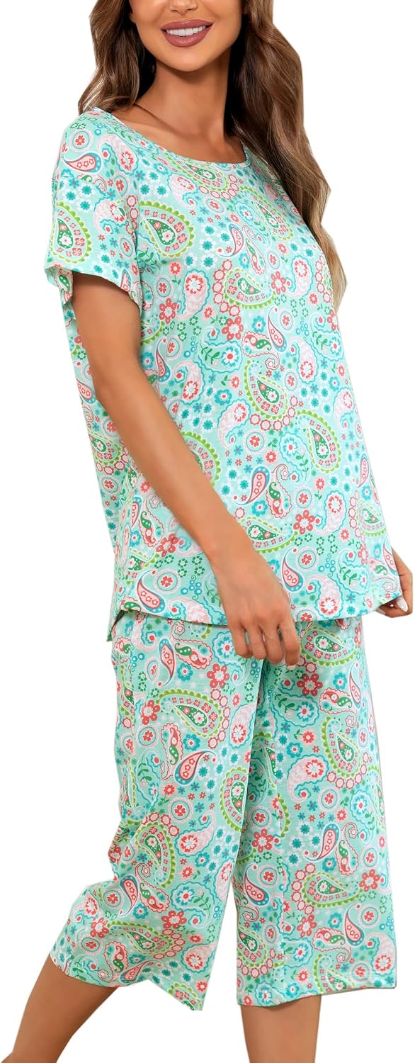 ENJOYNIGHT Womens Pajama Set Cotton Summer Pj Top with Capri Pant Sleepwear