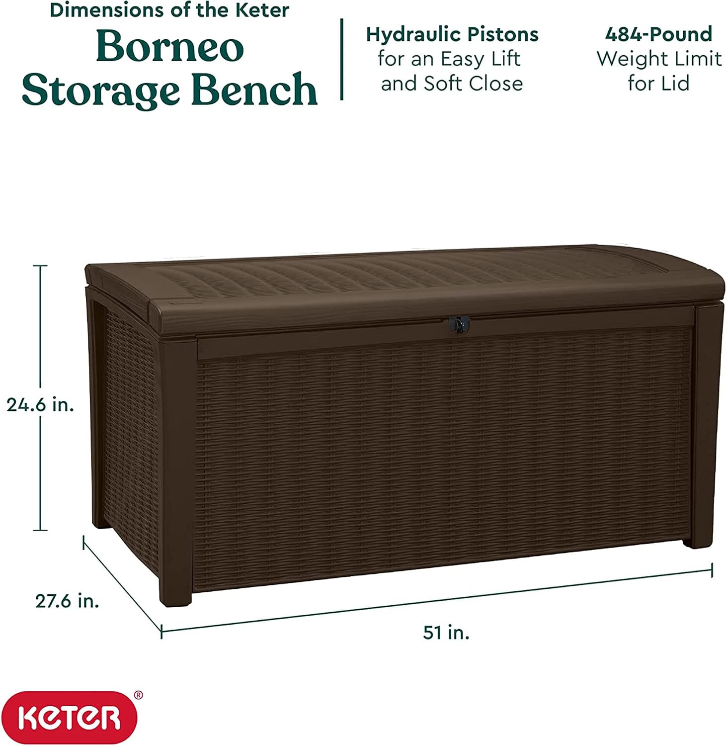 Keter Borneo 110 Gallon Resin Deck Box - Organization and Storage for Patio Furniture, Outdoor Cushions, Throw Pillows, Garden Tools and Pool Toys, Brown | for Patio, Backyard & Garden - Lockable, Organizing, and Waterproof Plastic Container Bench