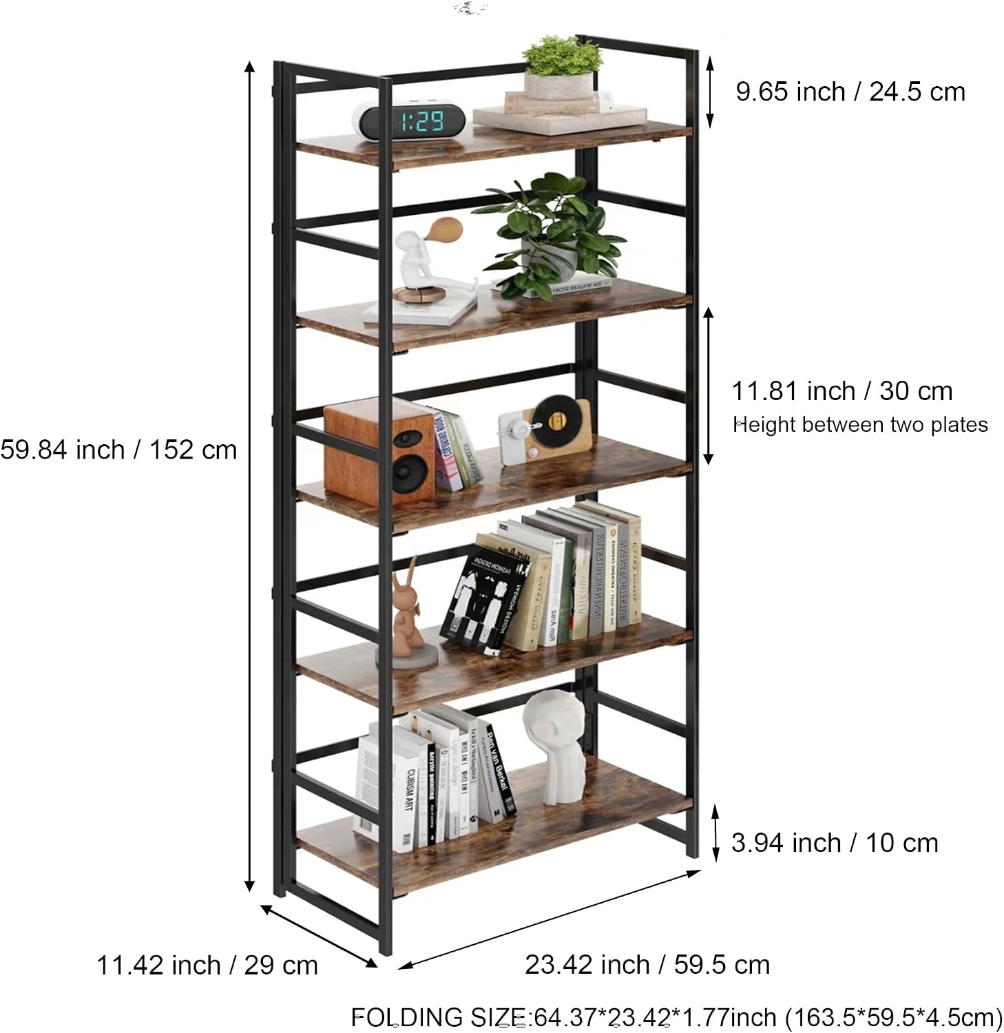 Vintage Multifunctional Folding Bookshelf, No-Assembly Plant Stand Storage Rack Shelves for Home Office (Fire, 5-Tier)
