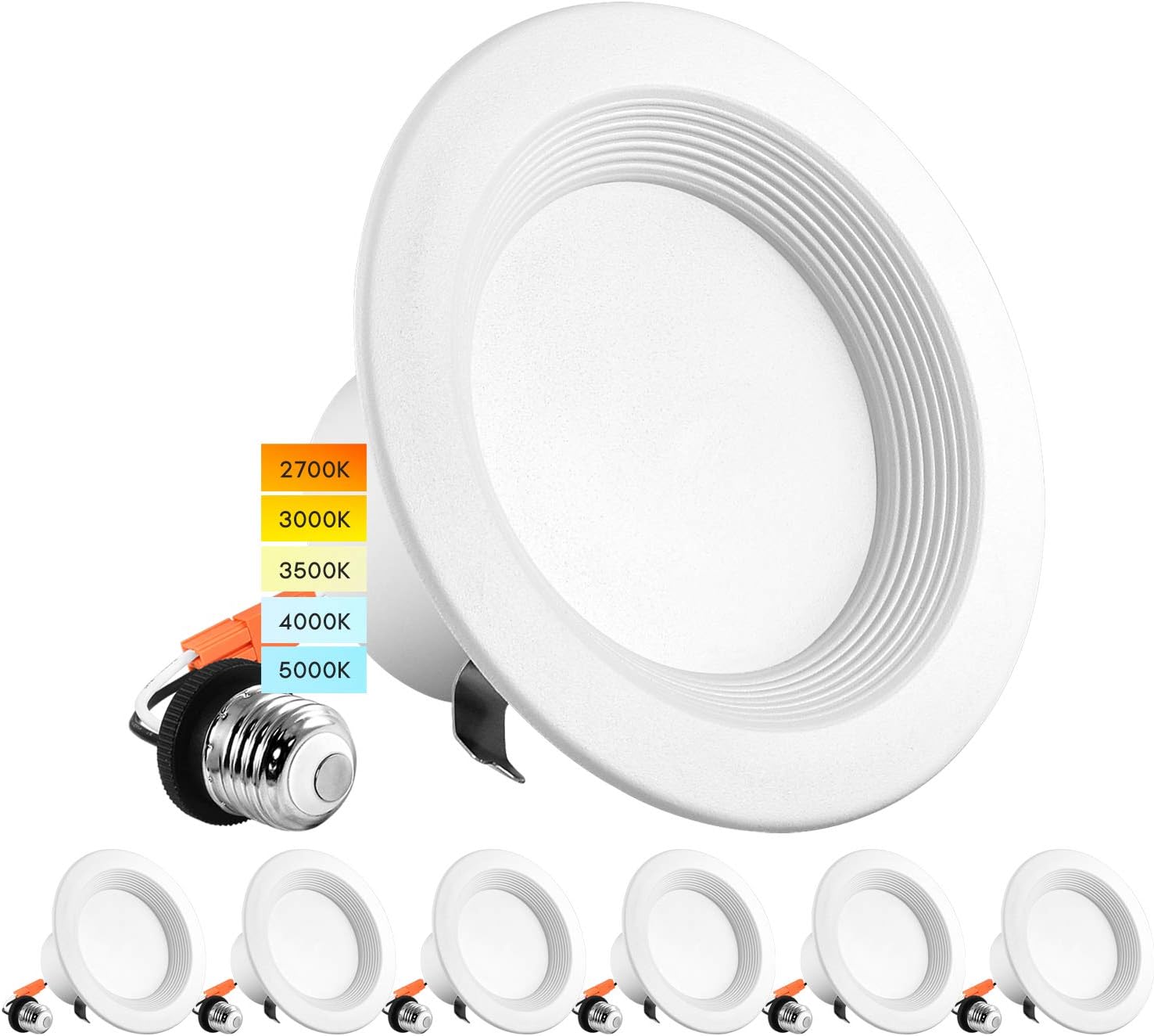 LUXRITE 4 Inch LED Recessed Can Lights, 10W=60W, CCT Color Selectable 2700K | 3000K | 3500K | 4000K | 5000K, Dimmable Retrofit Downlights, 750 Lumens