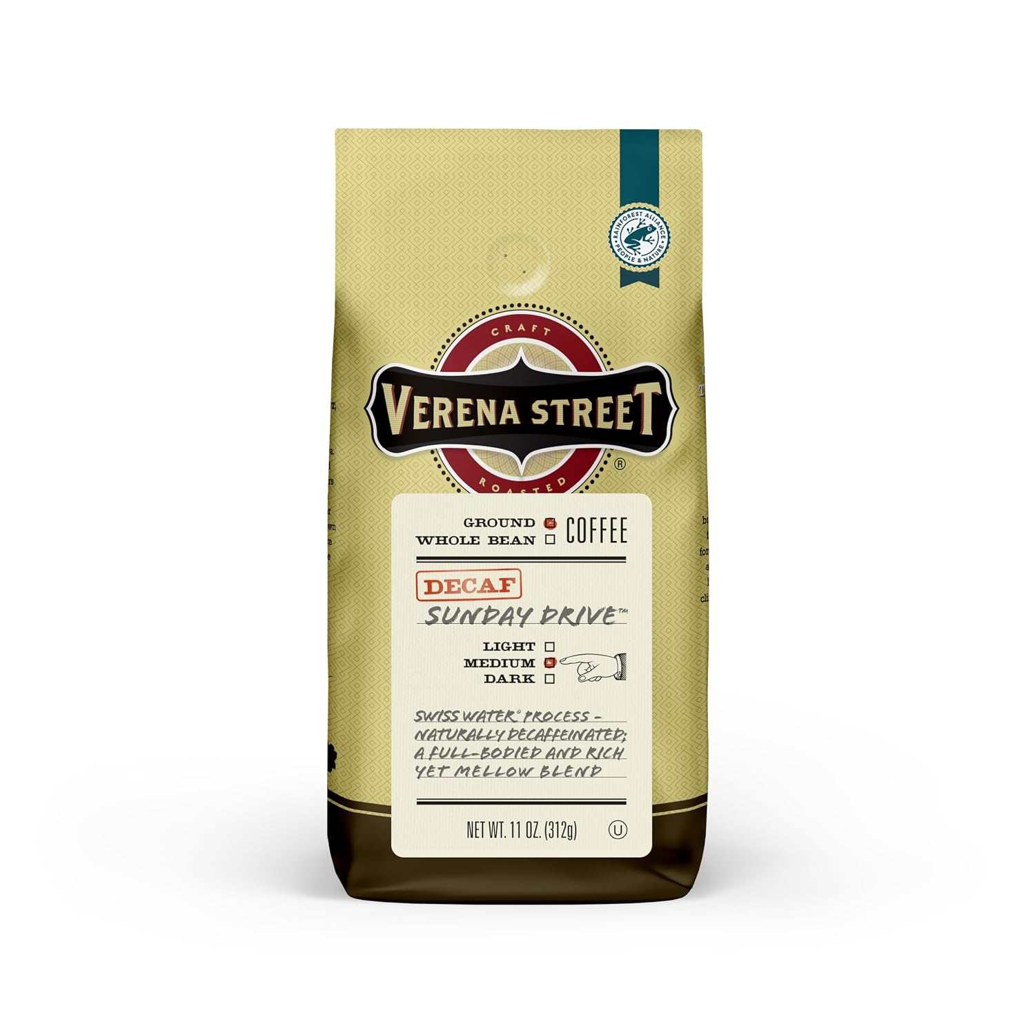 Verena Street 12 Ounce Flavored Ground Coffee, Mississippi Grogg, Medium Roast, Rainforest Alliance Certified Arabica Coffee