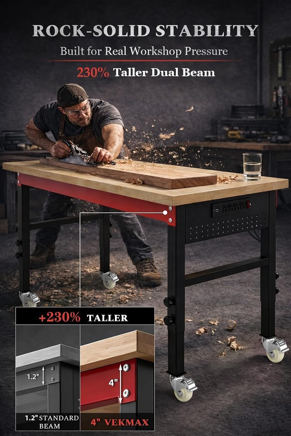 60" Heavy Duty Workbench, 2500 LBS Load Capacity Work Bench with 1.2" Laminated Oak Wood Top & Reinforced Steel Frame, Adjustable Height Work Table for Garage, Workshop, Office, Home (Casters)