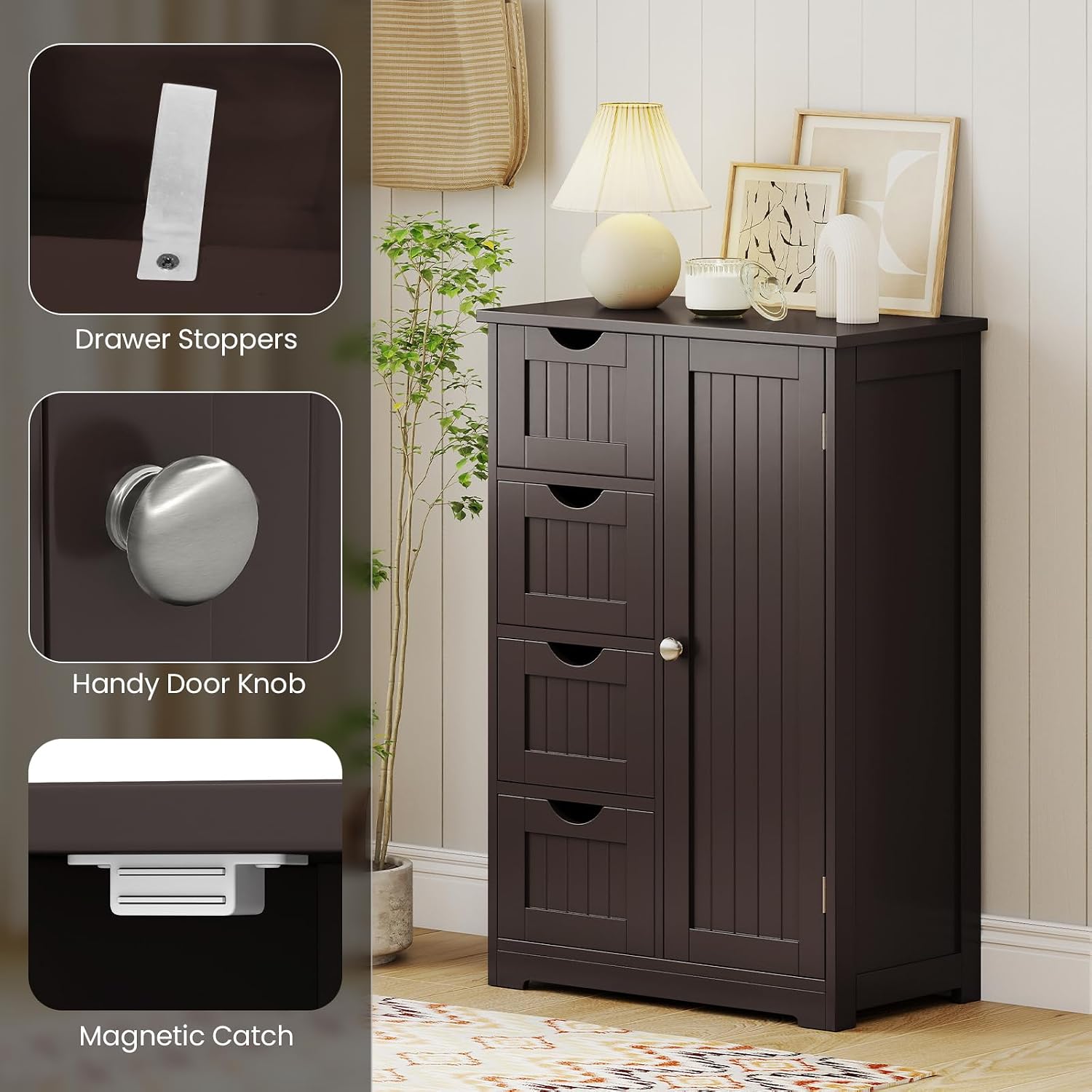 Giantex Storage Cabinet with 4 Drawers, Bathroom Storage Organizer with Cupboard, Adjustable Shelf, Anti-Toppling Device, Floor Cabinet, Entryway Storage Unit Console Table, White