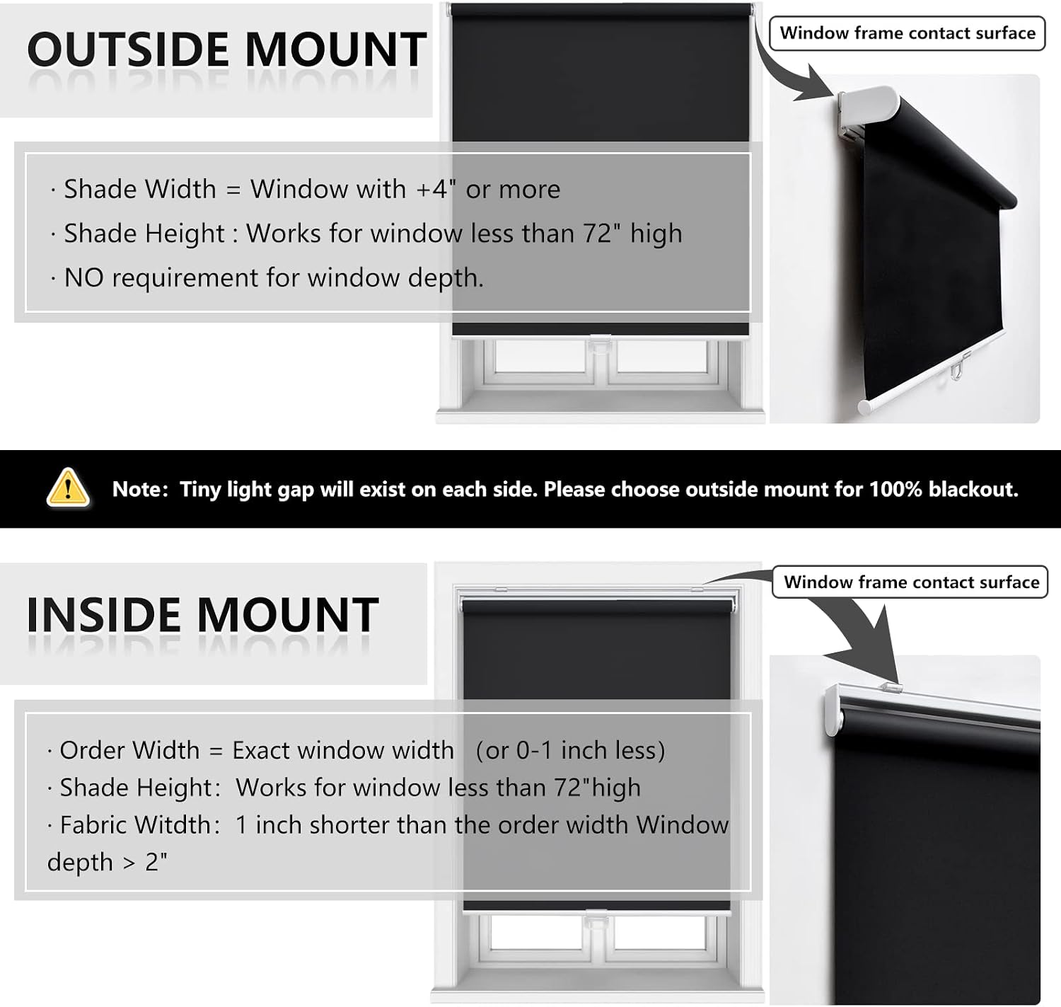 AOSKY Blackout Cordless Roller Shade for Indoor Windows, 23"W x 72"H, Black | Black Out Window Shade with Spring System