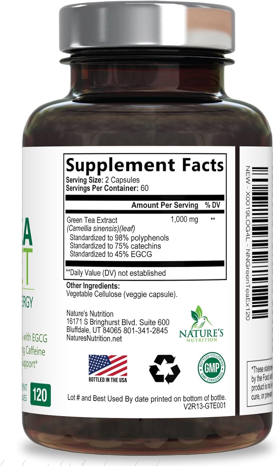 Green Tea Extract Capsules - 3X Strength Green Tea Extract 1000 mg Per Serving Pills with 45% EGCG & 98% Polyphenols for Natural Energy - Antioxidant Herbal Heart Support Supplement - 240 Capsules
