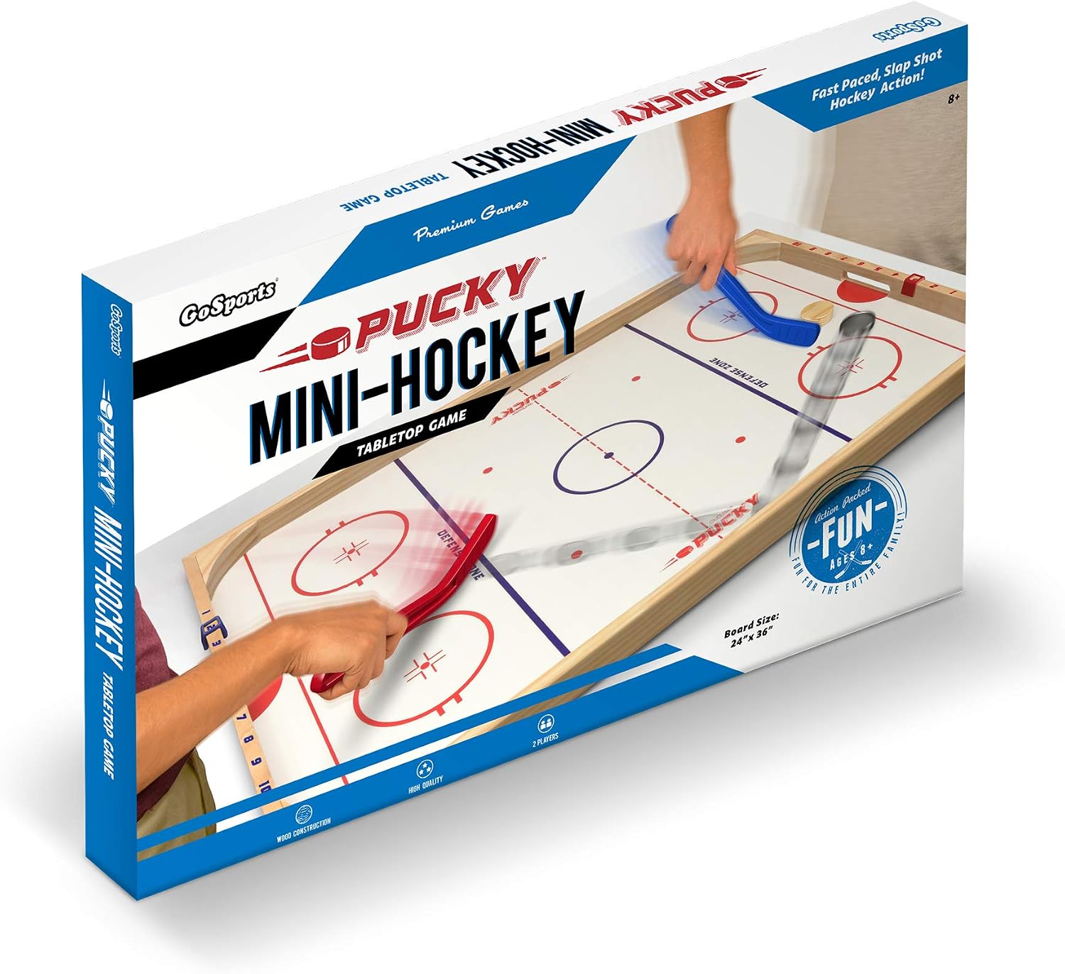 GoSports Hockey Ice Pucky Wooden Table Top Hockey Game for Kids & Adults - Includes 1 Game Board, 2 Hockey Sticks & 3 Pucks