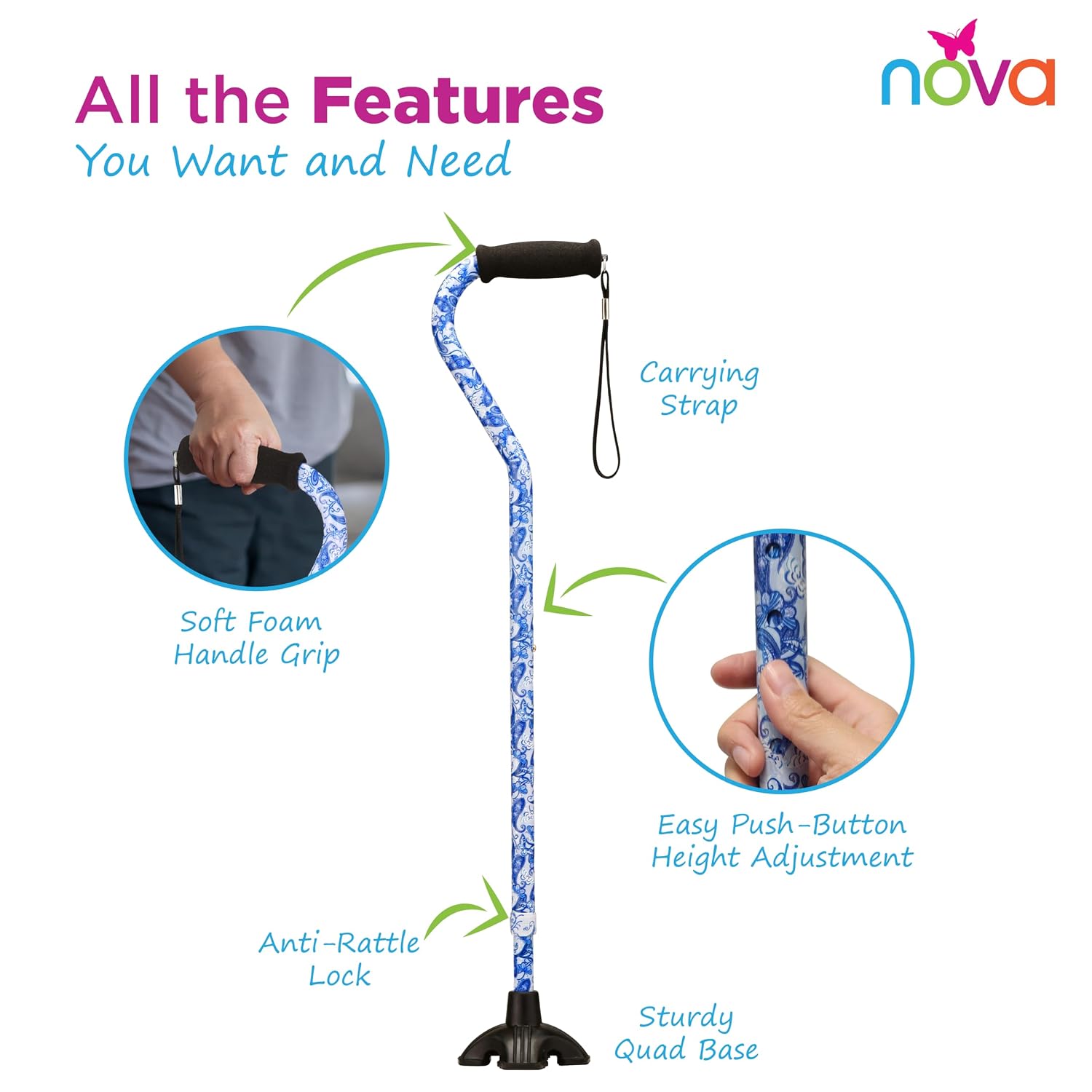 Nova Joy Designer Offset Quad Cane for Seniors - Unisex Adjustable Lightweight Walking Aid with Foam Handle, Wrist Strap and Anti-Rattle Lock - Essential Mobility Support - Maui Flowers