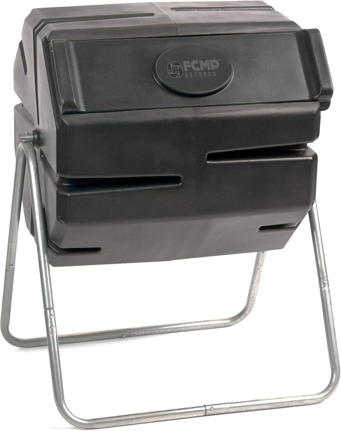 FCMP Outdoor 37 Gallon 1 Piece Plastic Single Chamber Roto Tumbling Composter Outdoor Elevated Rotating Garden Compost Bin, Black