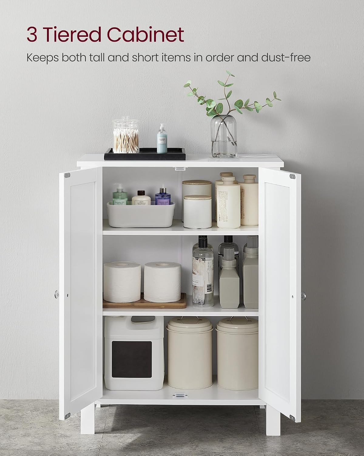 VASAGLE Floor Storage Cabinet, Freestanding Storage Unit with 2 Adjustable Shelves, for Bathroom Living Room Dining Kitchen, 11.8 x 23.6 x 31.5 Inches, Cloud White UBCB60WV1