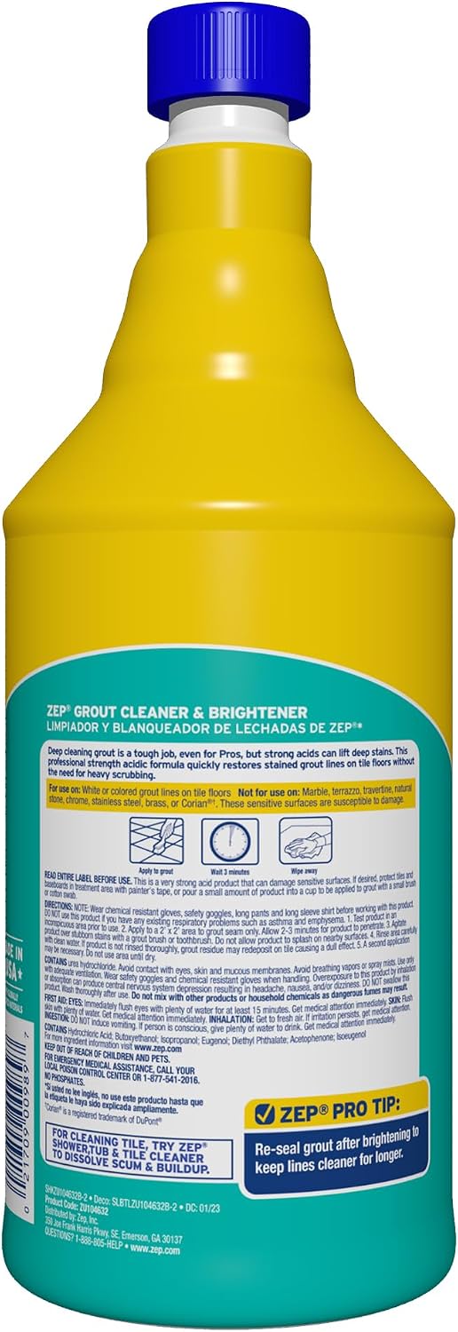 Zep Grout Cleaner and Brightener - 32 Ounce (1 Bottle) - ZU104632 - Deep Cleaning Formula Removes Old Stains From Grout