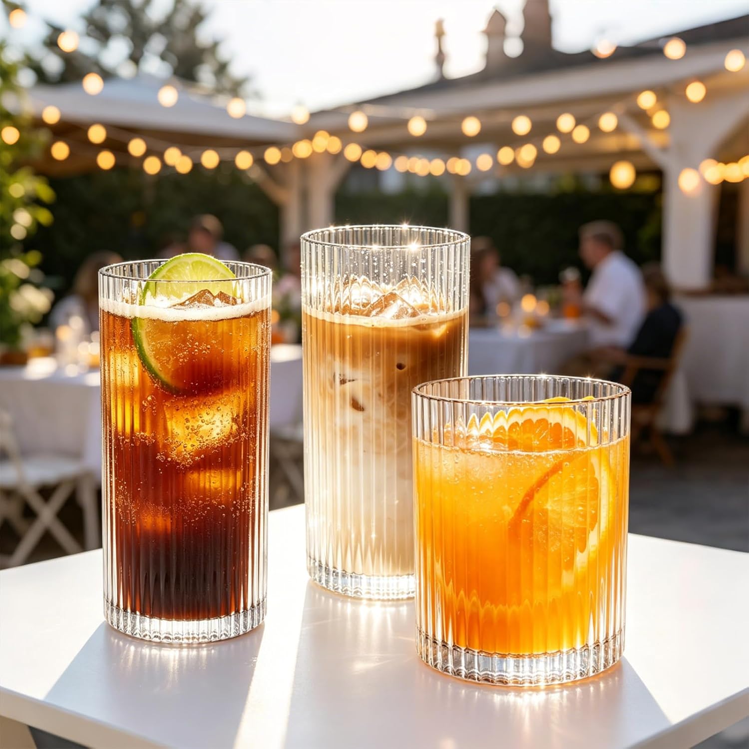 INSETLAN Set of 8 Vintage Glassware - 4 Highball Glasses 12 oz, 4 Rocks Glass Cups 14 oz, Ribbed Glassware Cocktail Glasses, Ideal for Wine, Juice