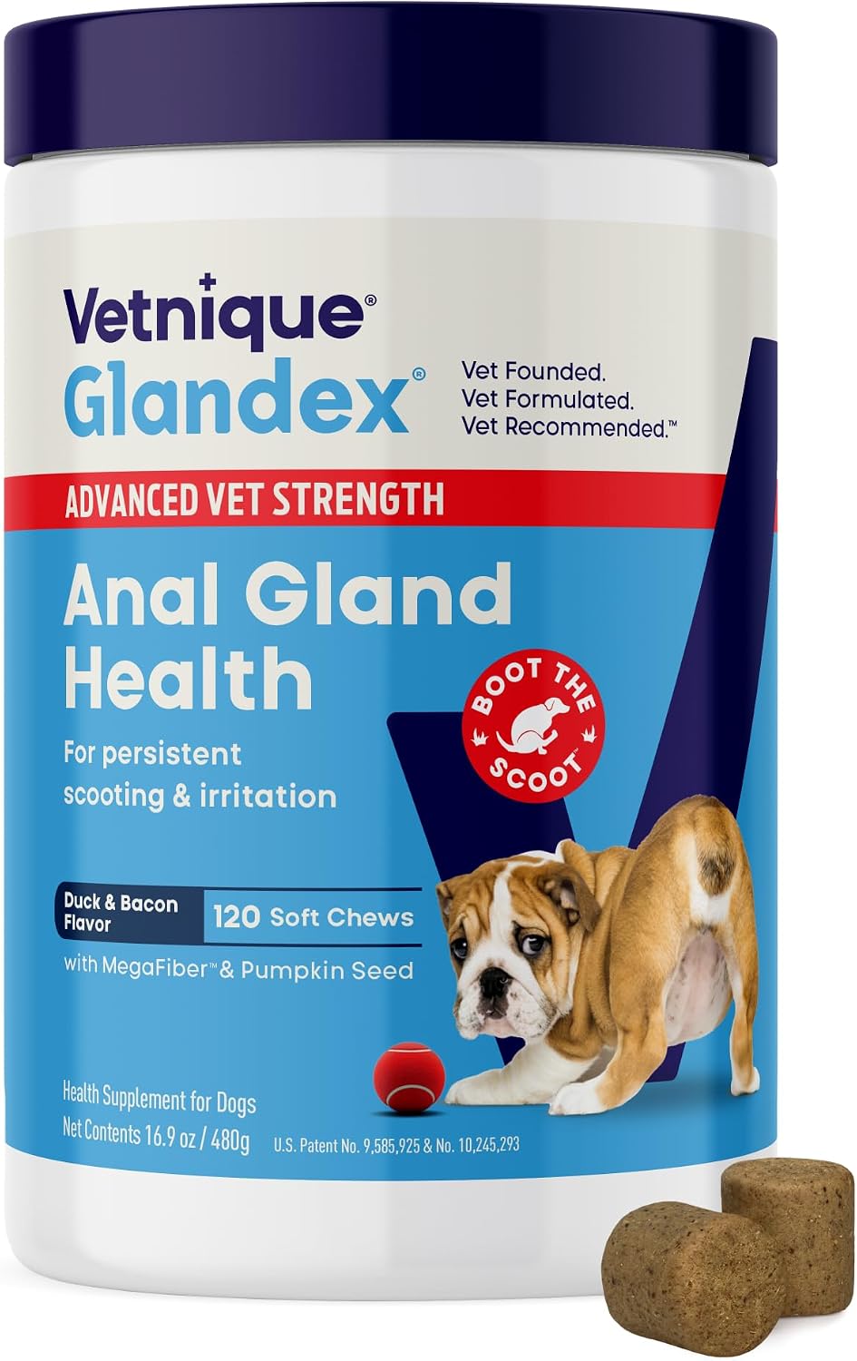 Vetnique Glandex for Dogs Anal Gland Chews 30ct, Pumpkin, Digestive Enzymes | Anal Gland Dog Treats, Boot the Scoot + Fishy Odor Support, Fiber, Probiotics, Quercetin + Apple Pectin, Peanut Butter
