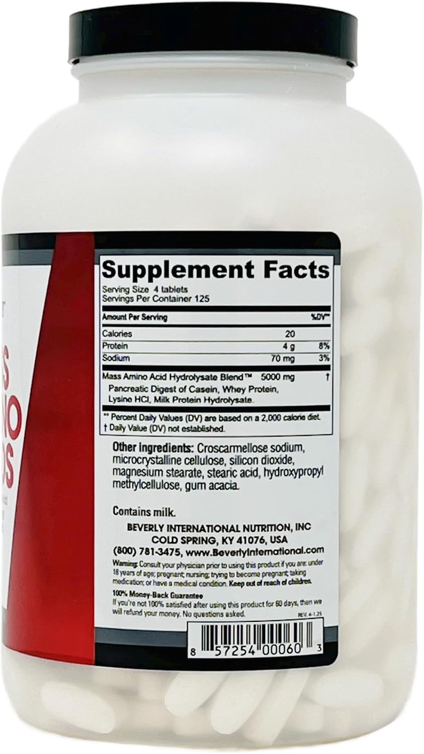 Beverly International Mass Amino Acids, 500 Tablets, Complete Amino Profile | Peptide-Bonded Amino Acids (PBAAs)