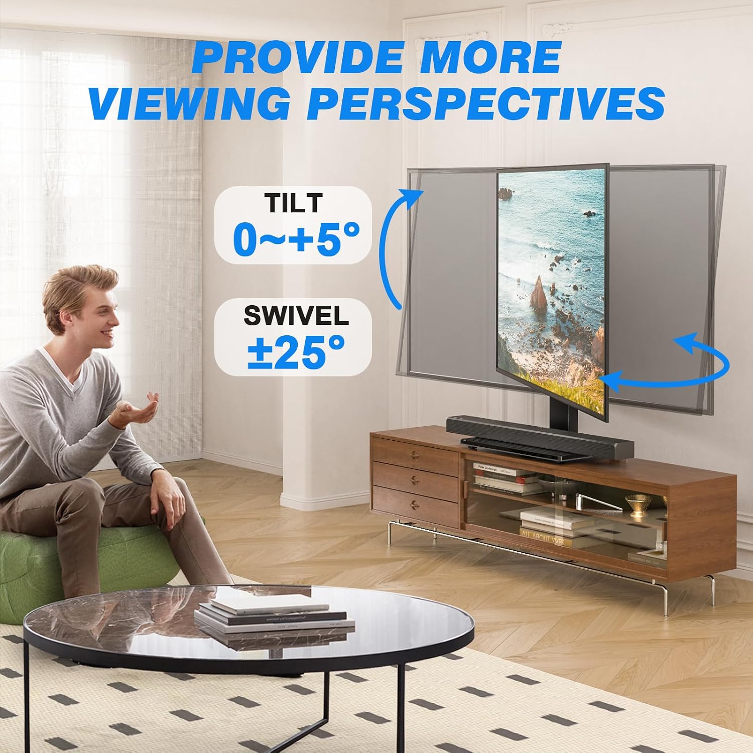 Rfiver Universal TV Stand for 32-75 inch TVs, Support Swivel and Tilt | Height Adjustable, Tempered Glass Base, Holds 110lbs, Max VESA 400x400mm, Ideal for Bedroom & Living Room