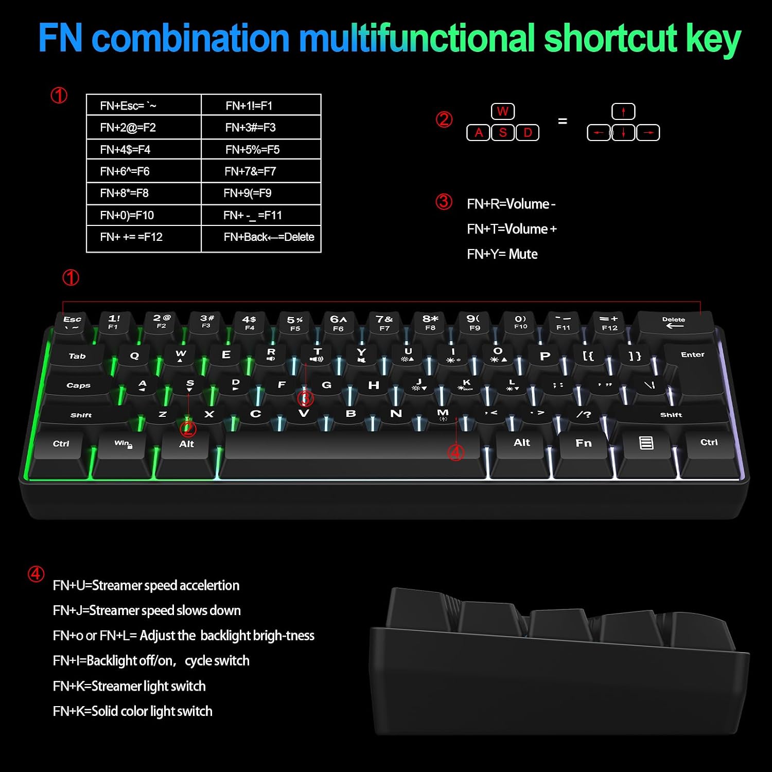Wired RGB Gaming Membrance Keyboard. 60 Percent Mini Creamy LED Computer Keyboard .Small Ergonomic Clicky Teclado with ABS Backlit Unreplaceable