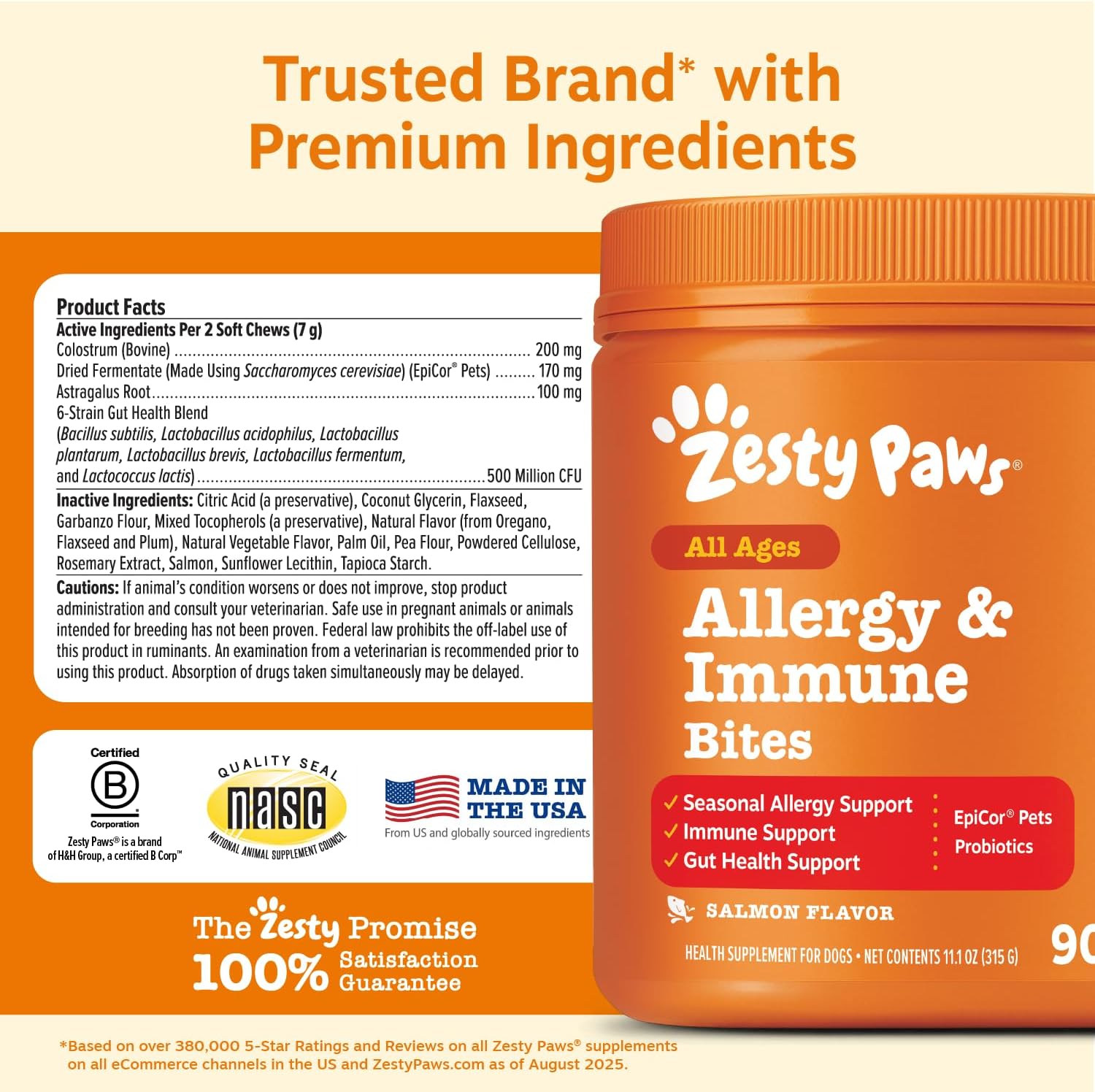 Zesty Paws Allergy Immune Bites - Dog Allergy Chews, Dog Probiotics for Itchy Skin and Ears, Lamb, 90ct