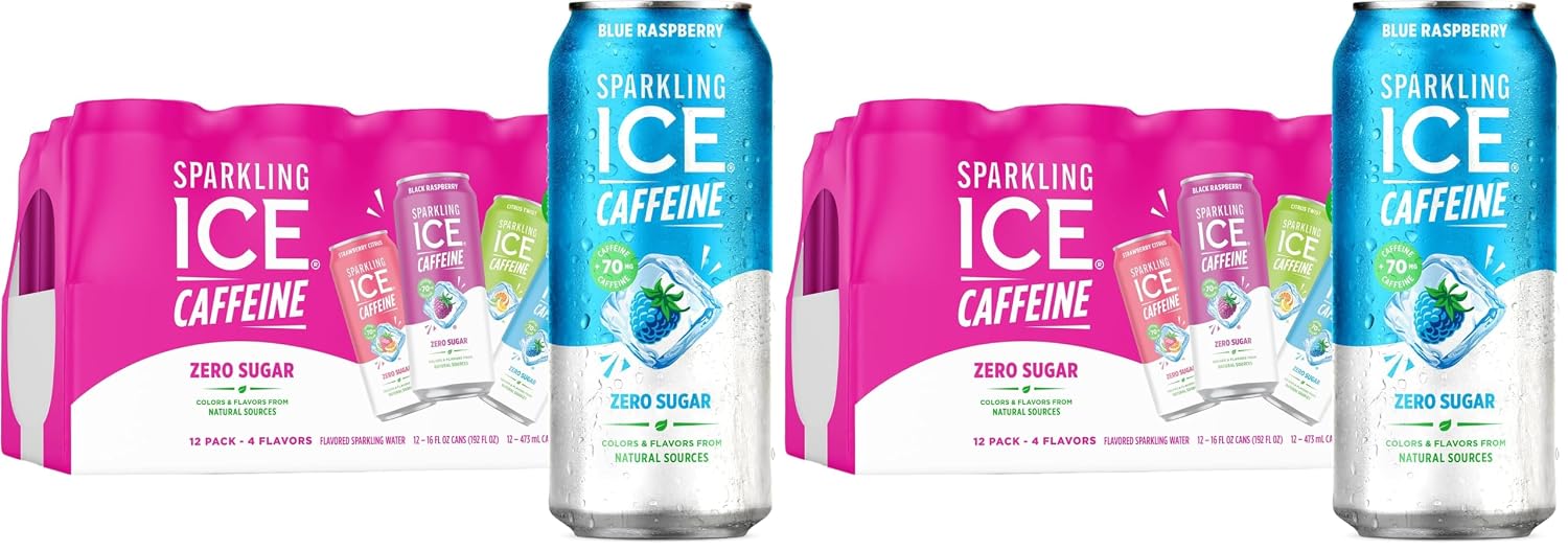 Sparkling Ice Caffeine Black Raspberry Sparkling Water with Caffeine, Zero Sugar, with Antioxidants and Vitamins,16 fl oz Cans (Pack Of 12)