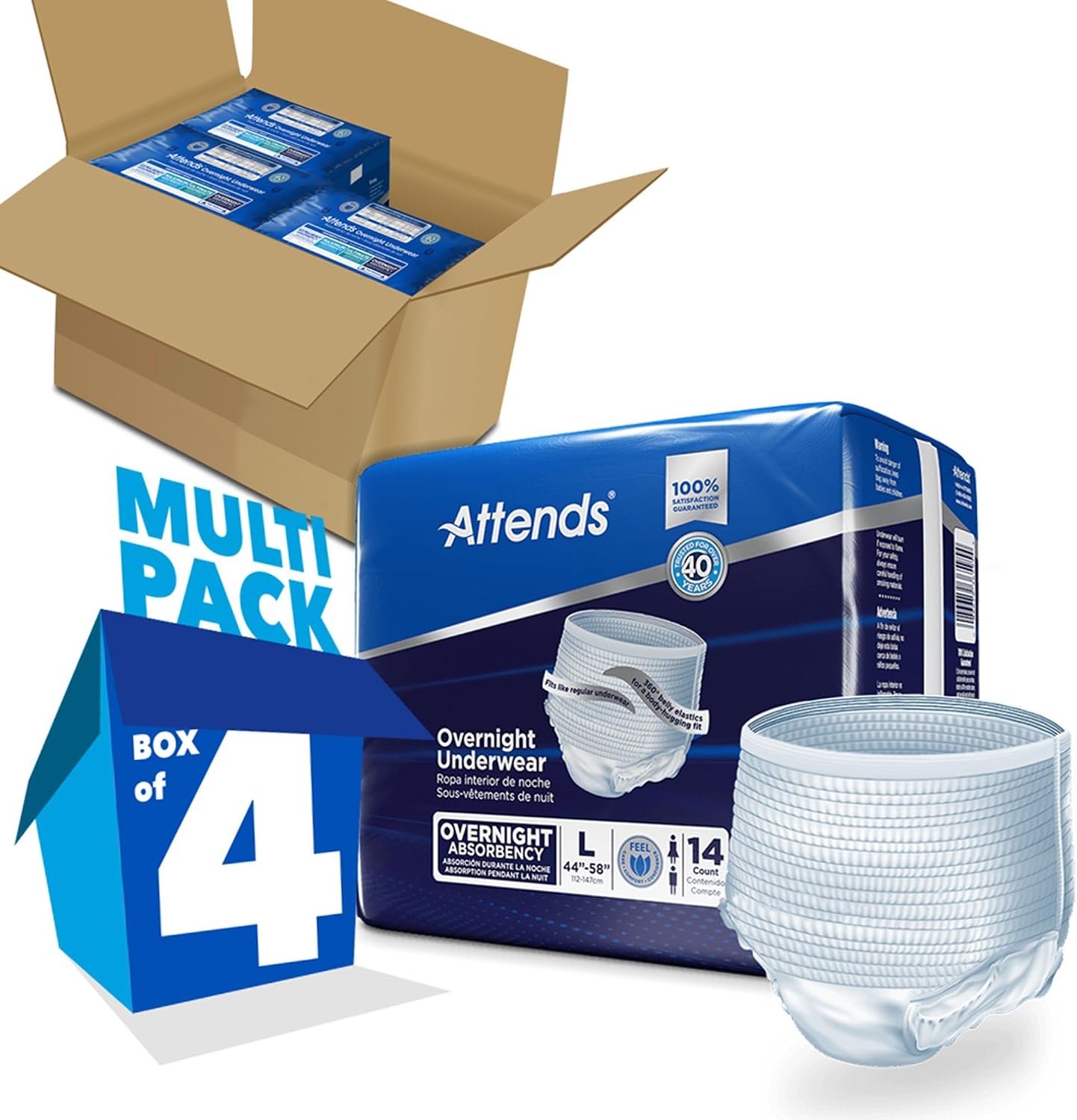 Attends Overnight Underwear for Adult Incontinence Care with ConfidenceCuff™ Protection, Overnight Absorbency, Unisex, X-Large, 12 Count (x4) | Unisex