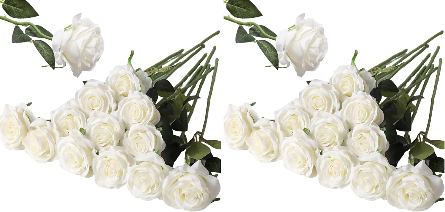Hawesome 12PCS Artificial Silk Flowers Realistic Roses Bouquet Long Stem for Home Wedding Decoration Party (Yellow, 6 Flowers 6 Buds)