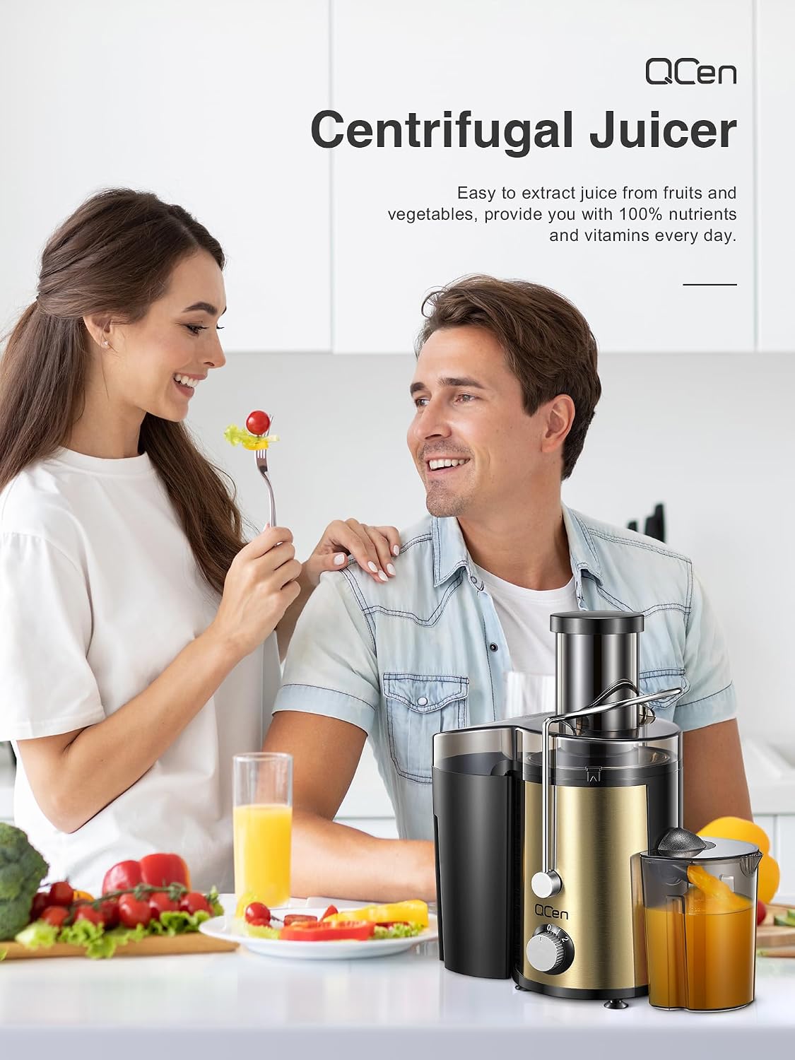 QCen Juicer Machine 500W Centrifugal Juicer with Extra Wide Feed Chute