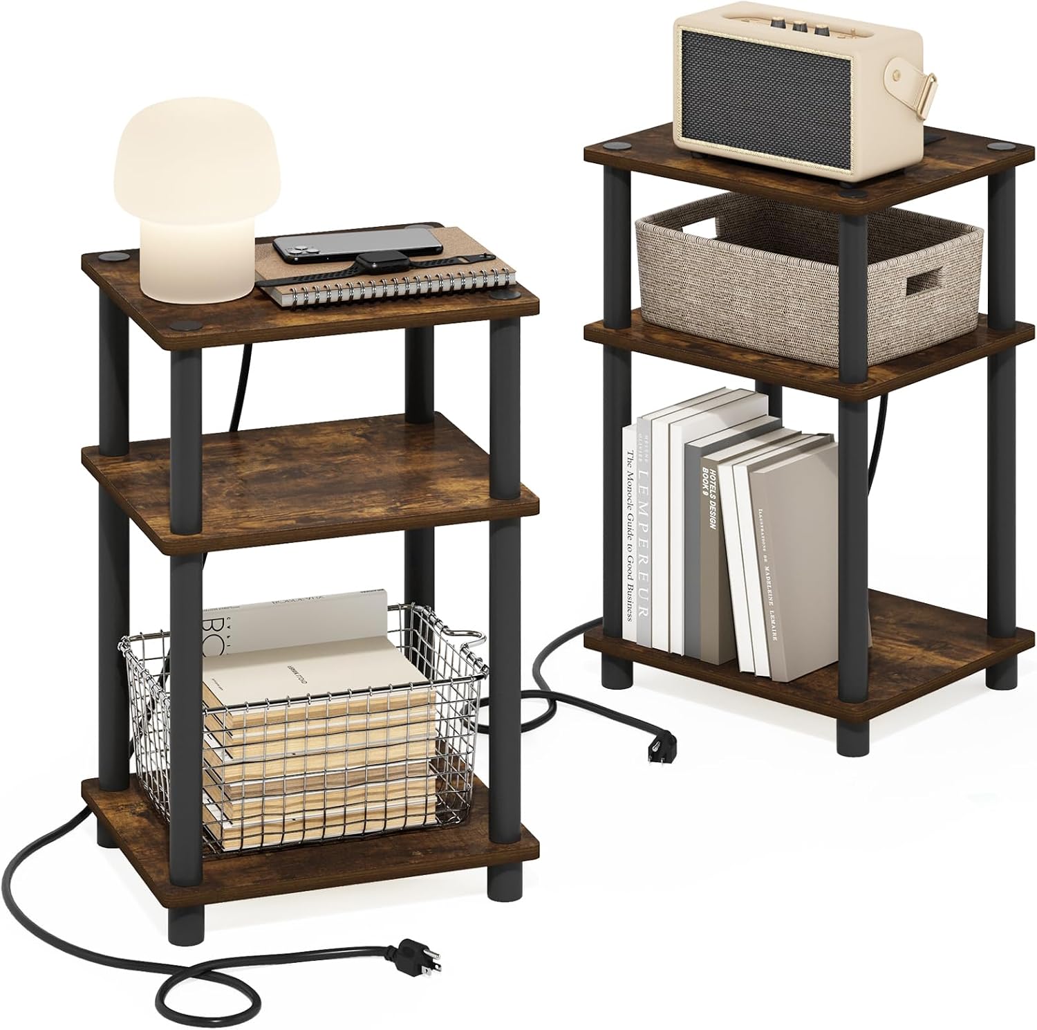 Furinno Turn-N-Tube End Table Corner Shelves, Set of 2, Dark Cherry/Black | Stackable Modern End Table with Open Shelf, Night Stand, Bedside Table, for Living Room, Bedroom