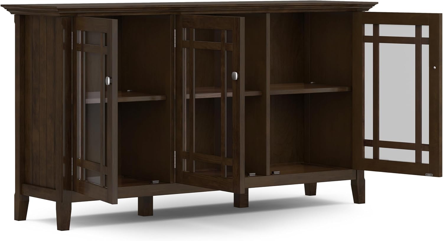 SIMPLIHOME Bedford 62" Wide Solid Wood Sideboard in Brunette Brown | Transitional low media console with glass doors and storage shelves for the living room, entryway or dining room.