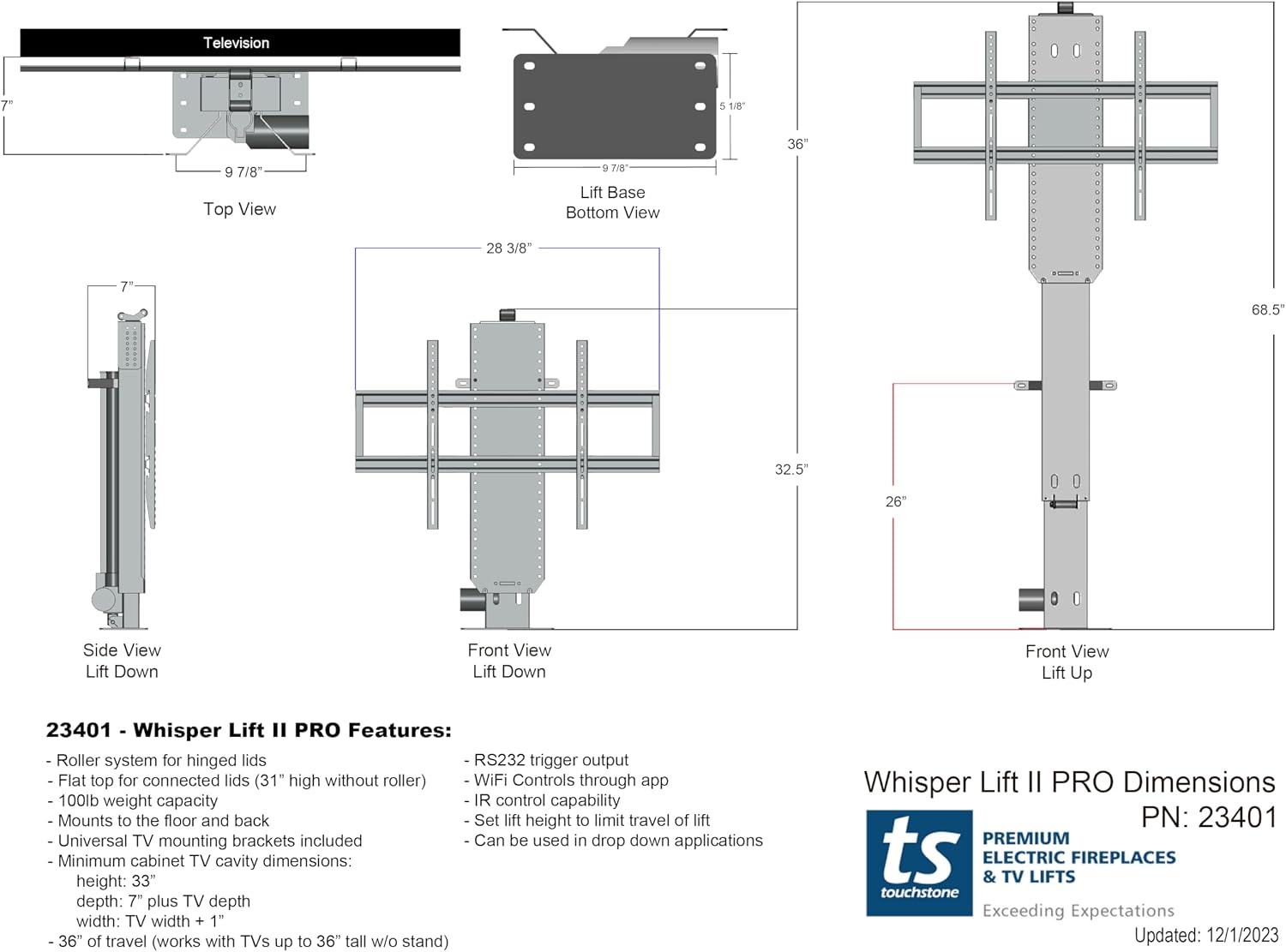 Touchstone Whisper Lift II Pro Smart Motorized TV Lift Mechanism - 36" Travel-Popup & Drop Down-5yr Warranty-Height Memory Feature, IR/RF, RS-232 Compatible-WiFi Connectivity-TVs Up to 65"/100 Lbs