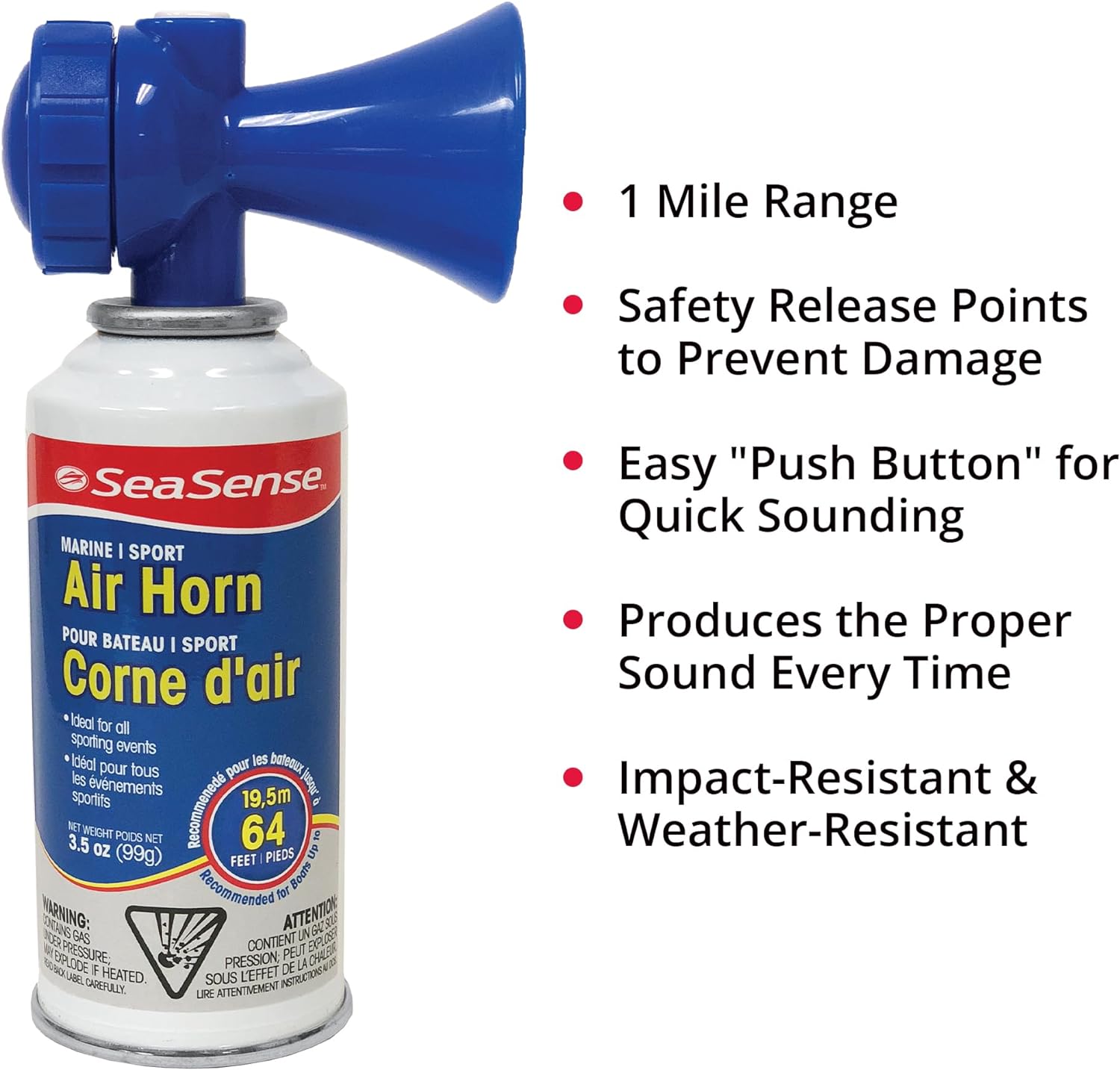 SeaSense Air Horn – Large Size (3.5 oz), 118 dB – Loud 1 Mile Range, Meets EPA & USCG Standards – Great for Boat & Marine Safety