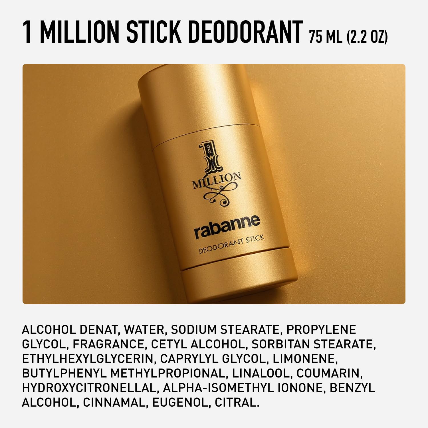 Rabanne 1 Million Deodorant Stick for Men - Luxury Fragrance Solid Deodorant with Fresh Leather, Warm Spice & Sensual Musk