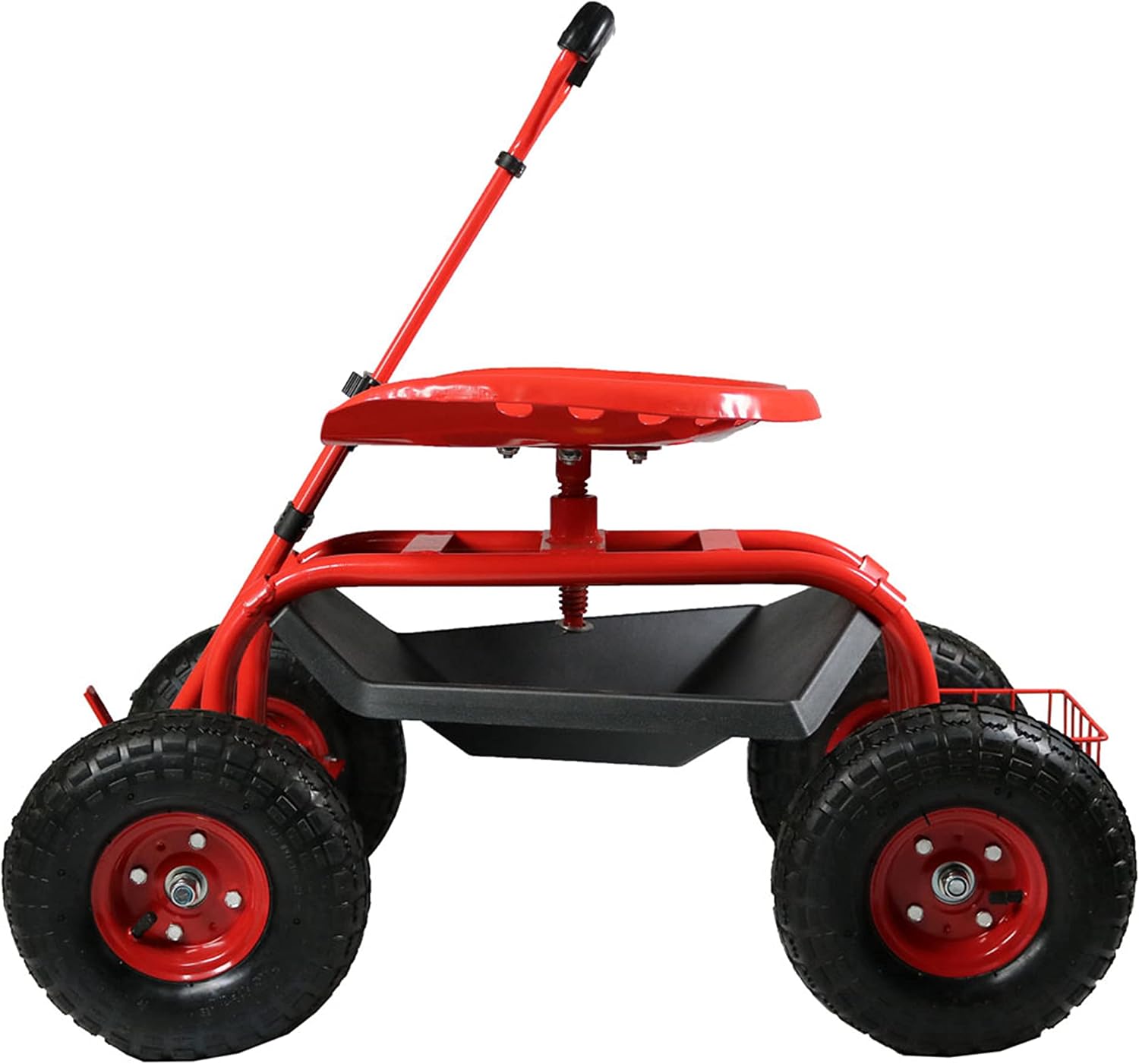 Sunnydaze Garden Seat with Wheels and Adjustable Handle, Red | Steel Rolling Gardening Seat with Utility Tray for Storage, Rotating, Swiveling Motion