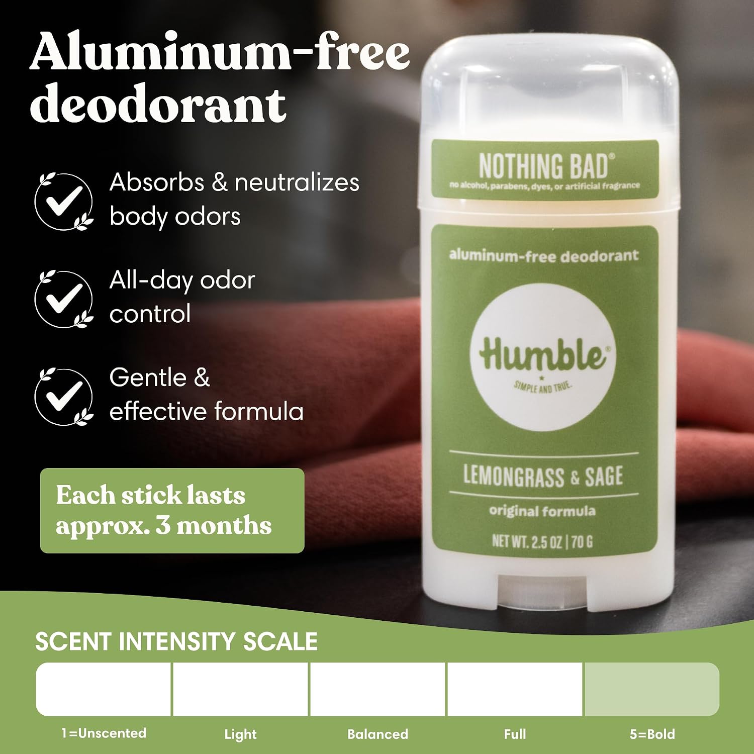 Humble Aluminum-Free Deodorant, Simply Unscented - 1 Pack | Baking Soda-Free, Clean, Fresh, Natural, Essential Oils, Sensitive Skin, Long-Lasting Odor Control, Cruelty-Free, Men & Women