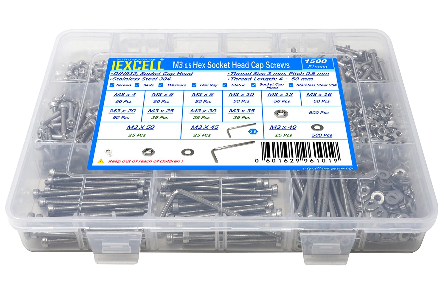 iexcell 20 Pcs M8 x 30/35/40/45/50 mm Stainless Steel 304 Hex Socket Head Cap Screws Bolts Assortment, Fully Threaded