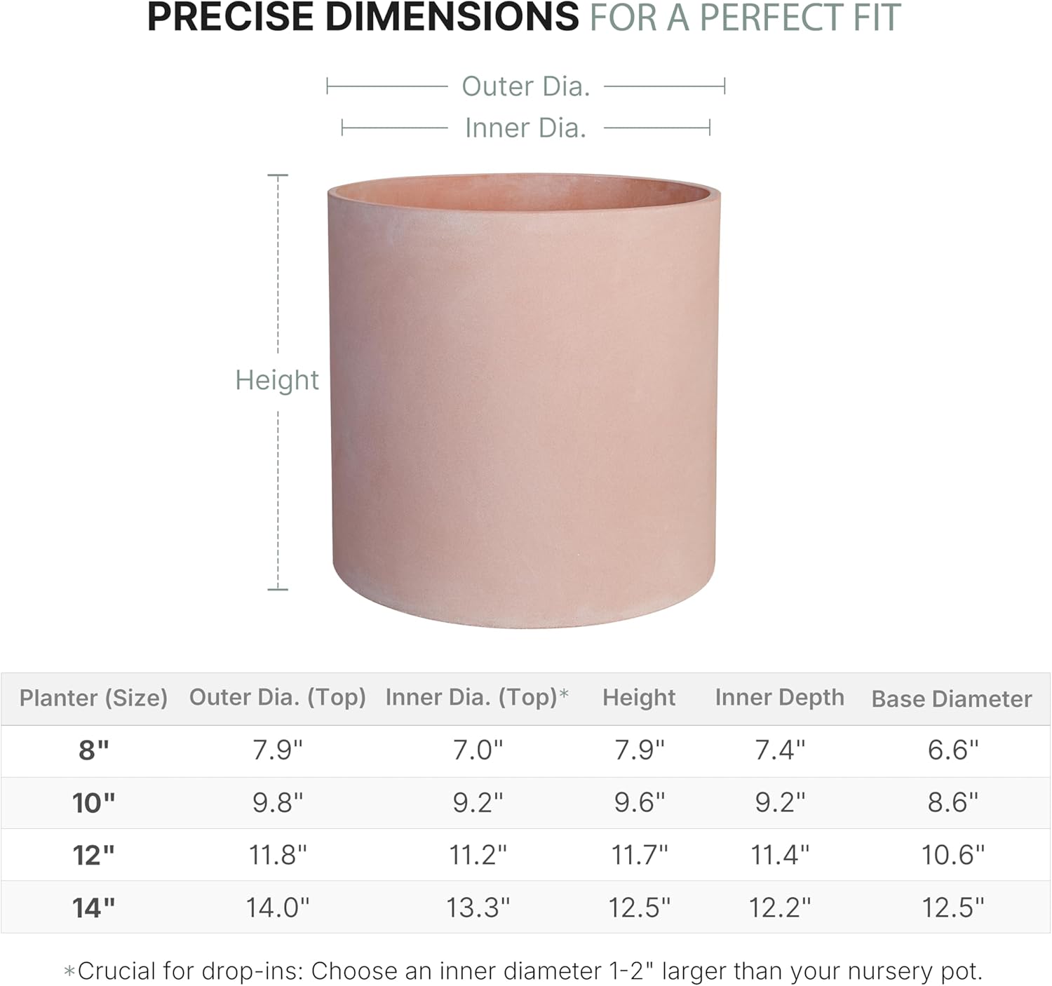 FaithLand 14 Inch Fiberstone Planter - Lightweight Modern Cylinder Plant Pot with Drainage Hole & Plug, Indoor Outdoor Use, Matte White