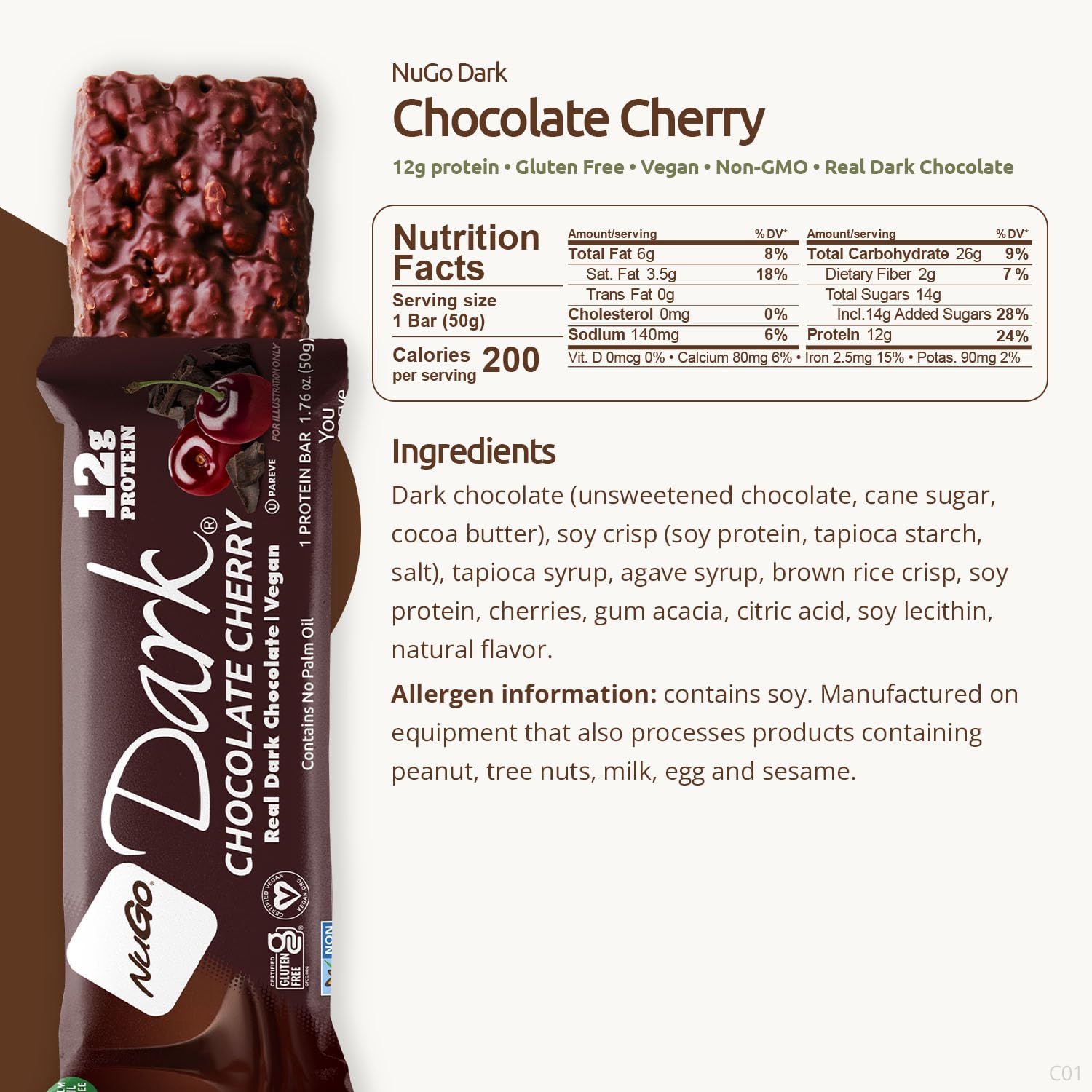 NuGo Dark, Mint Chocolate Chip, 13g Vegan Protein Bar, Gluten Free, 24 CT