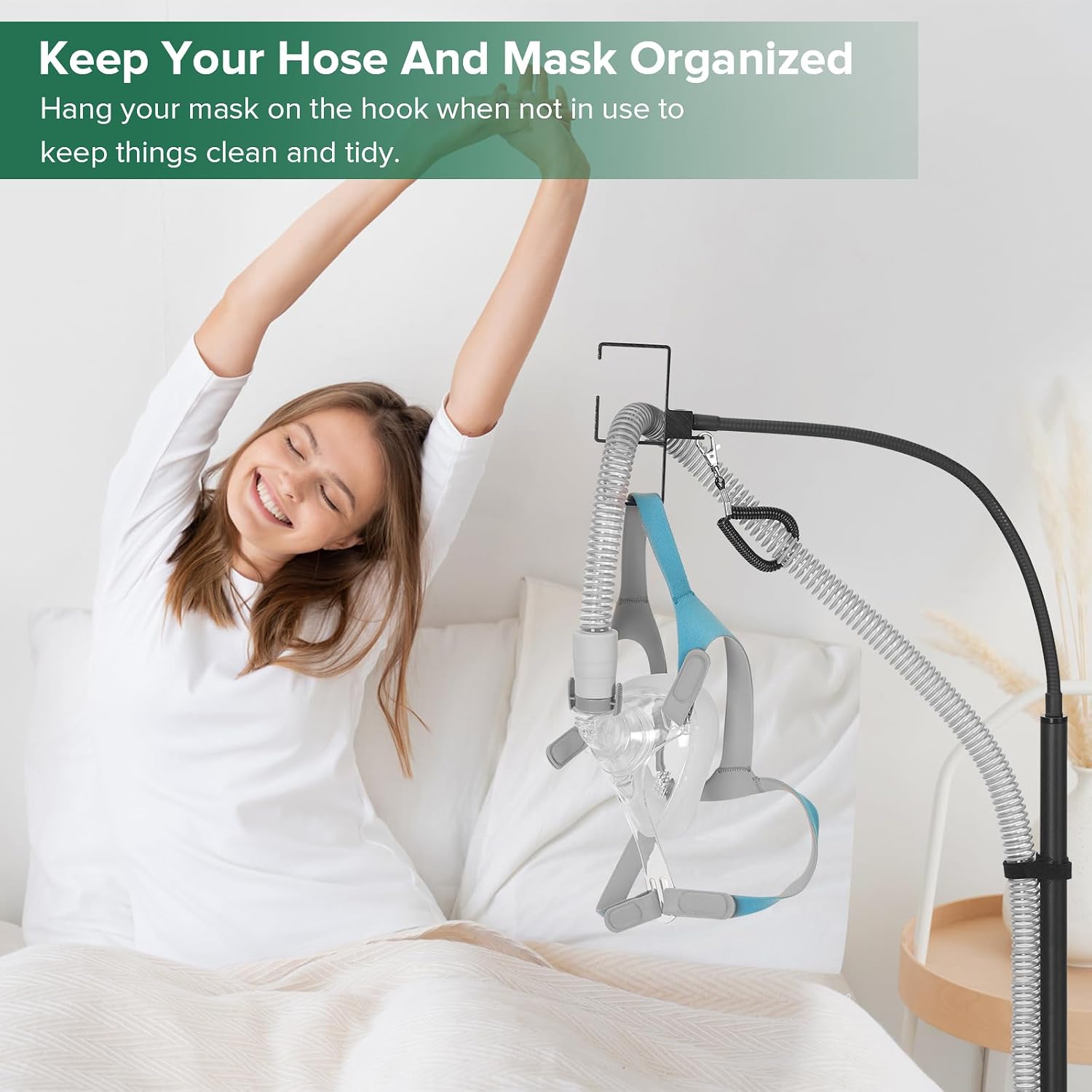 CPAP Hose Holder Bedside Stand, Fits ResMed/Philips w/Hook | All-Metal Durable, No-Wall-Drill Setup, Aluminum Hook Keeps Hose Tangle-Free & Hygienic