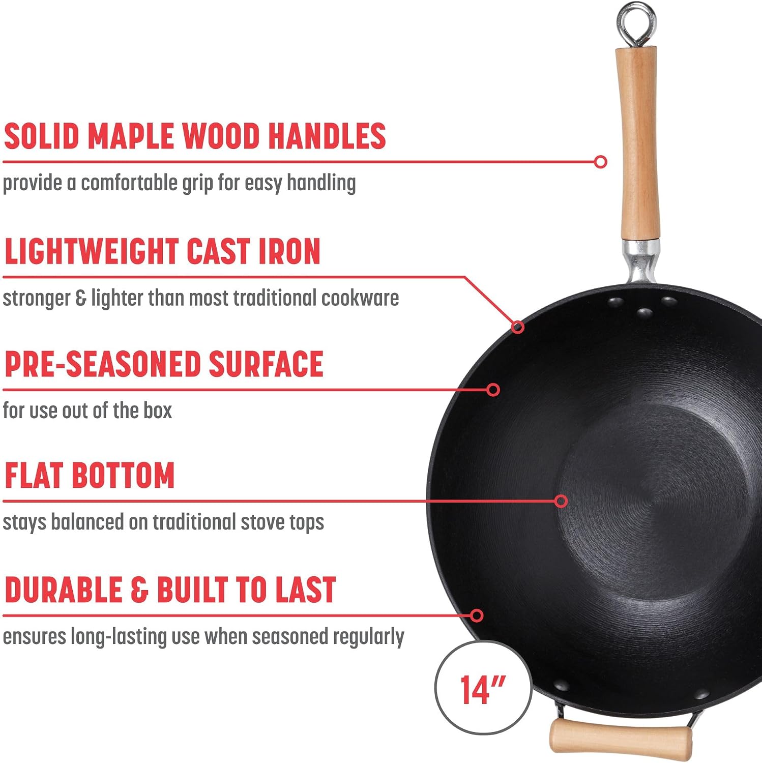 JOYCE CHEN Professional Series 14-Inch Cast Iron Wok with Maple Handle