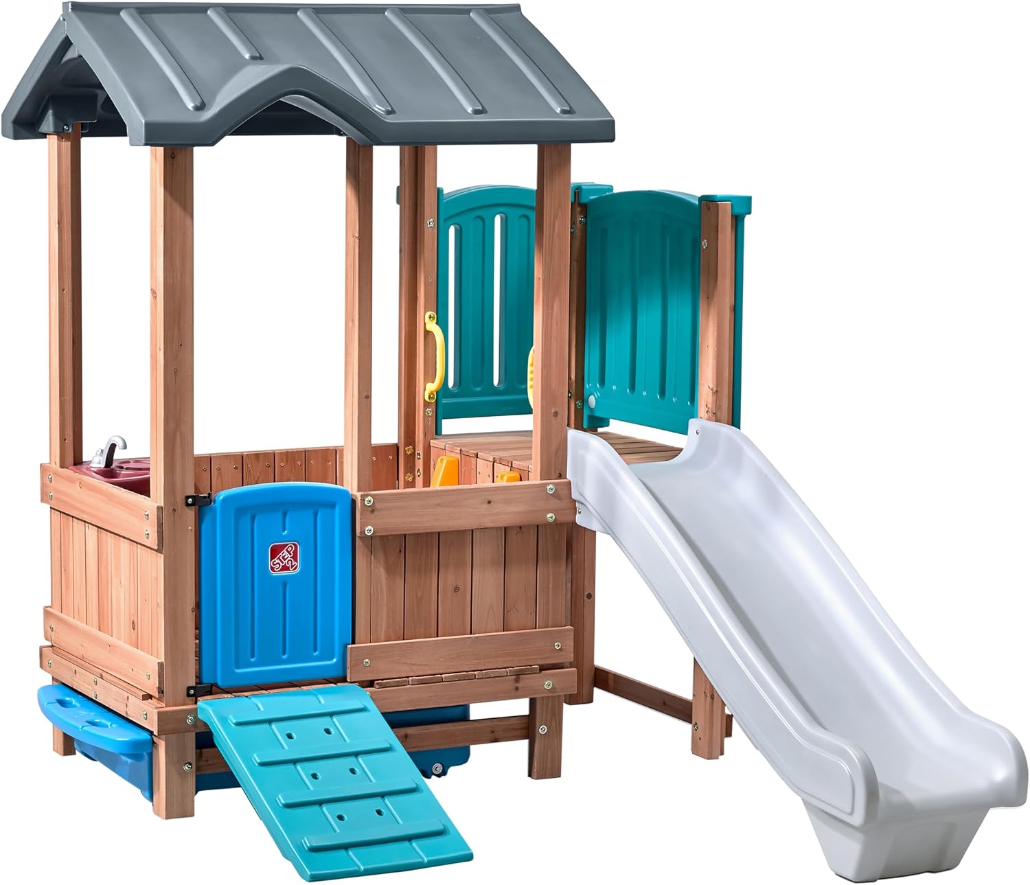 Step2 Woodland Adventure Playhouse & Slide, Kids Outdoor Playset, Backyard Playground Set, Swings, Storage Drawer, Made of Wood & Durable Plastic