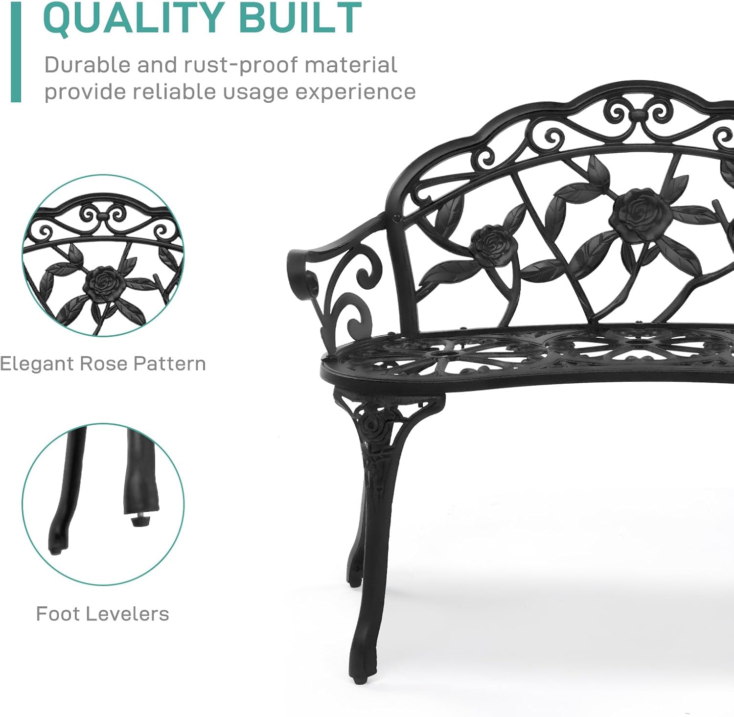 VINGLI 38.5" Patio Park Garden Outdoor Metal Rose Bench, 2-Person Cast Iron Cast Aluminium Frame Antique Finish Chair,Accented Lawn Front Porch Path Yard Decor Deck Furniture (Bronze, Rose)