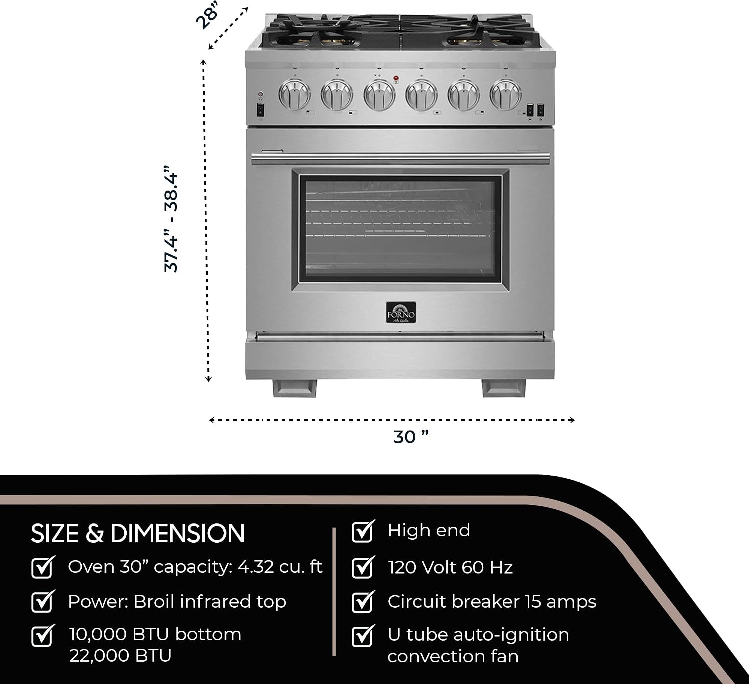FORNO Capriasca Full Gas 30" Inch. Freestanding Range with 5 Sealed Burners Cooktop - 4.32 Cu.Ft. Gas Convection Oven Capacity