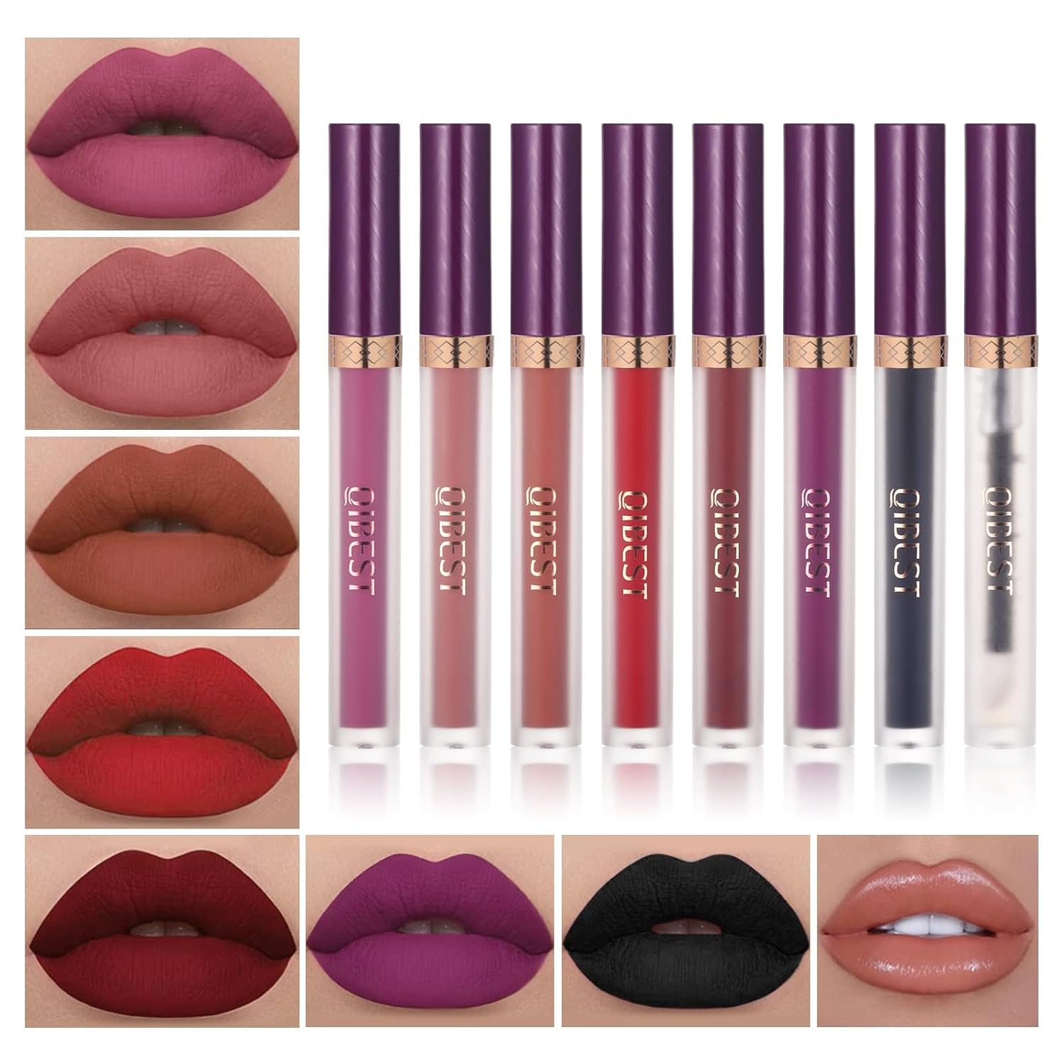 QiBest 7Pcs Matte Liquid Lipstick + 1Pcs Lip Plumper Makeup Set Kit, Pigmented Long Lasting Lip Gloss Set