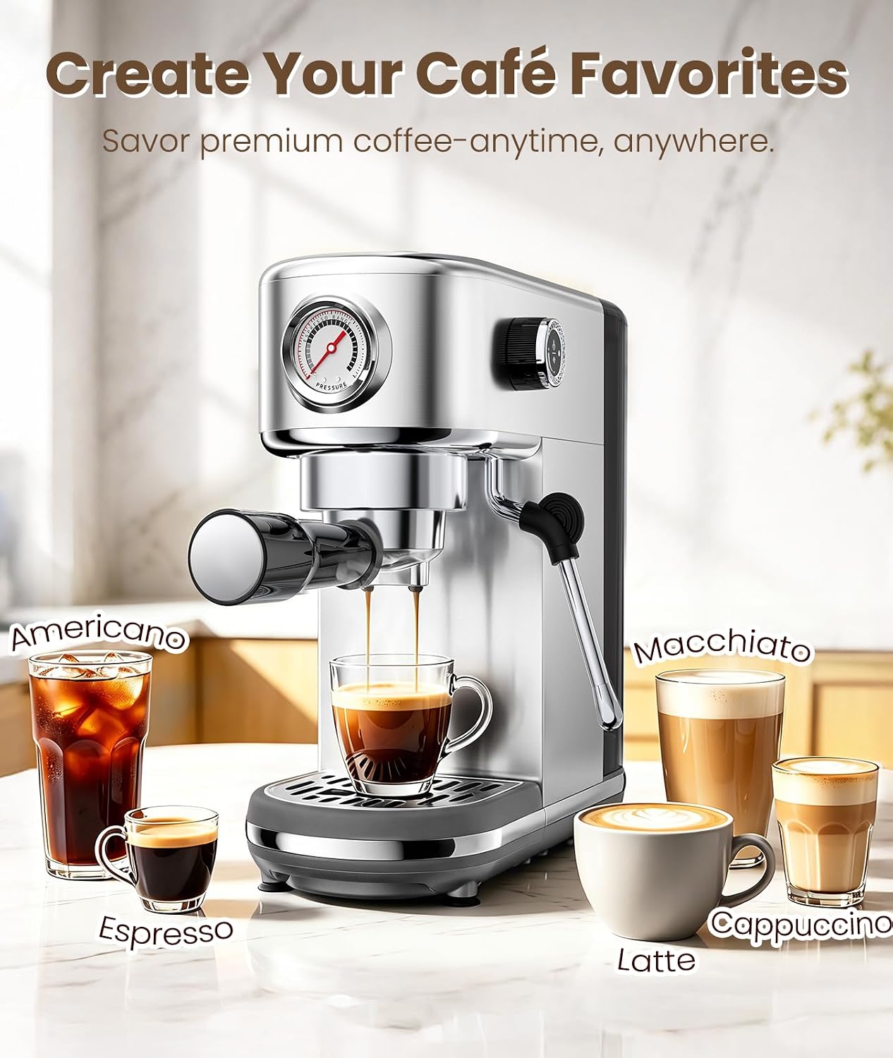 atatix 20 Bar Espresso Machine with Milk Frother, Compact Espresso Maker | Stainless Steel Coffee Machine with Precise Temp Control, 44oz Removable Water Tank for Latte, Cappuccino, White